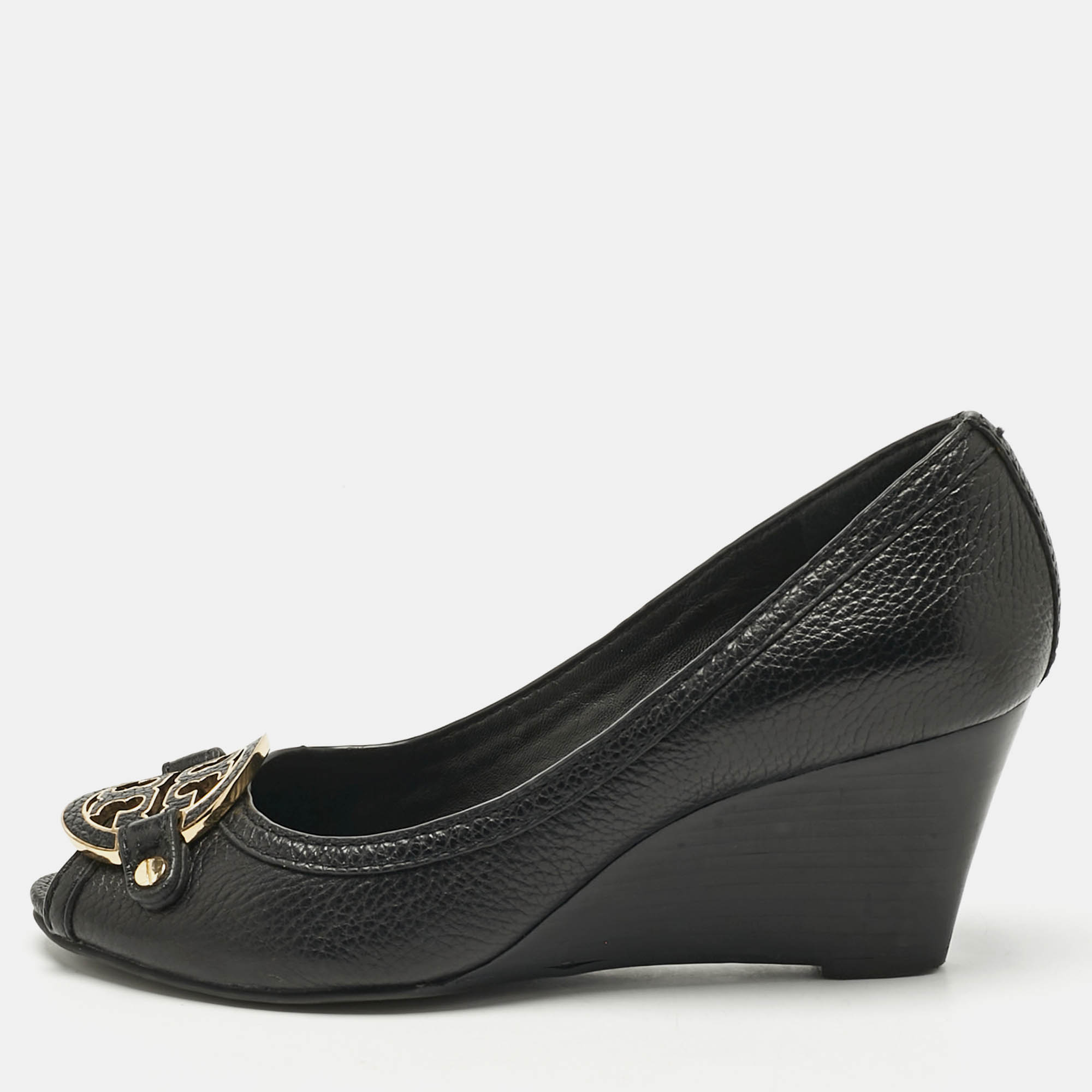 Pre-owned Tory Burch Black Leather Amanda Peep Toe Wedge Pumps Size 37.5