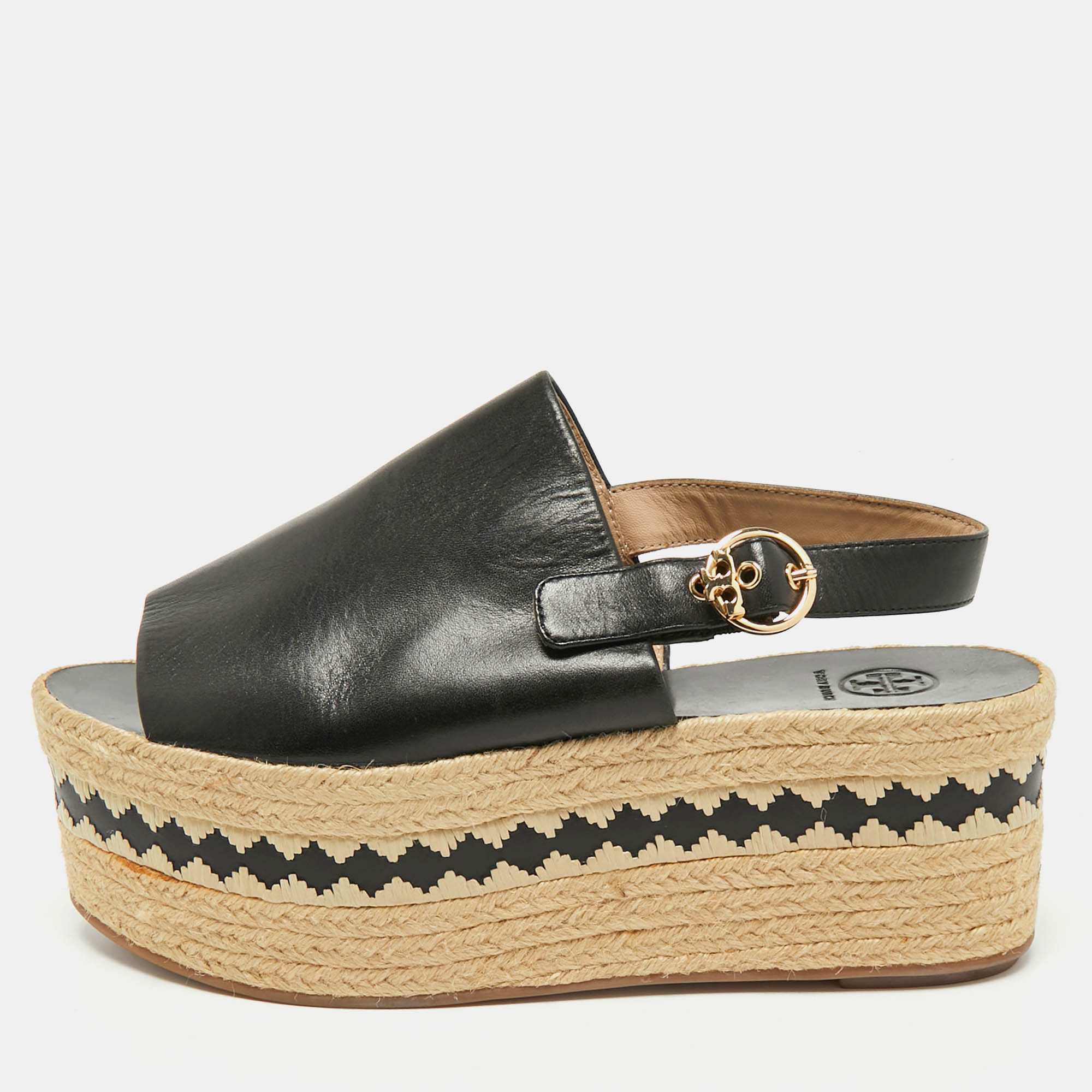 

Tory Burch Black Leather Wedge Espadrille Sandals Size 40