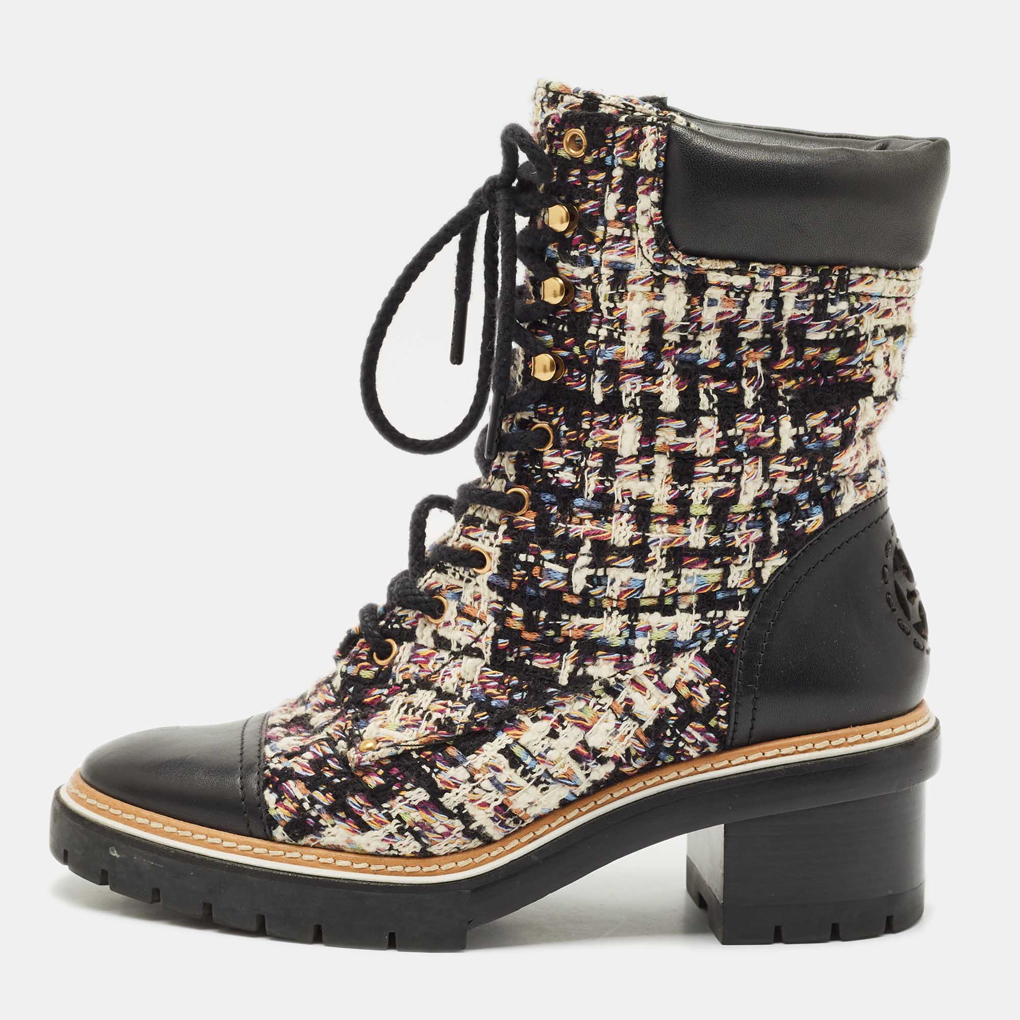 

Tory Burch Multicolor Tweed and Leather Miller Lug Sole Combat Boots Size 39