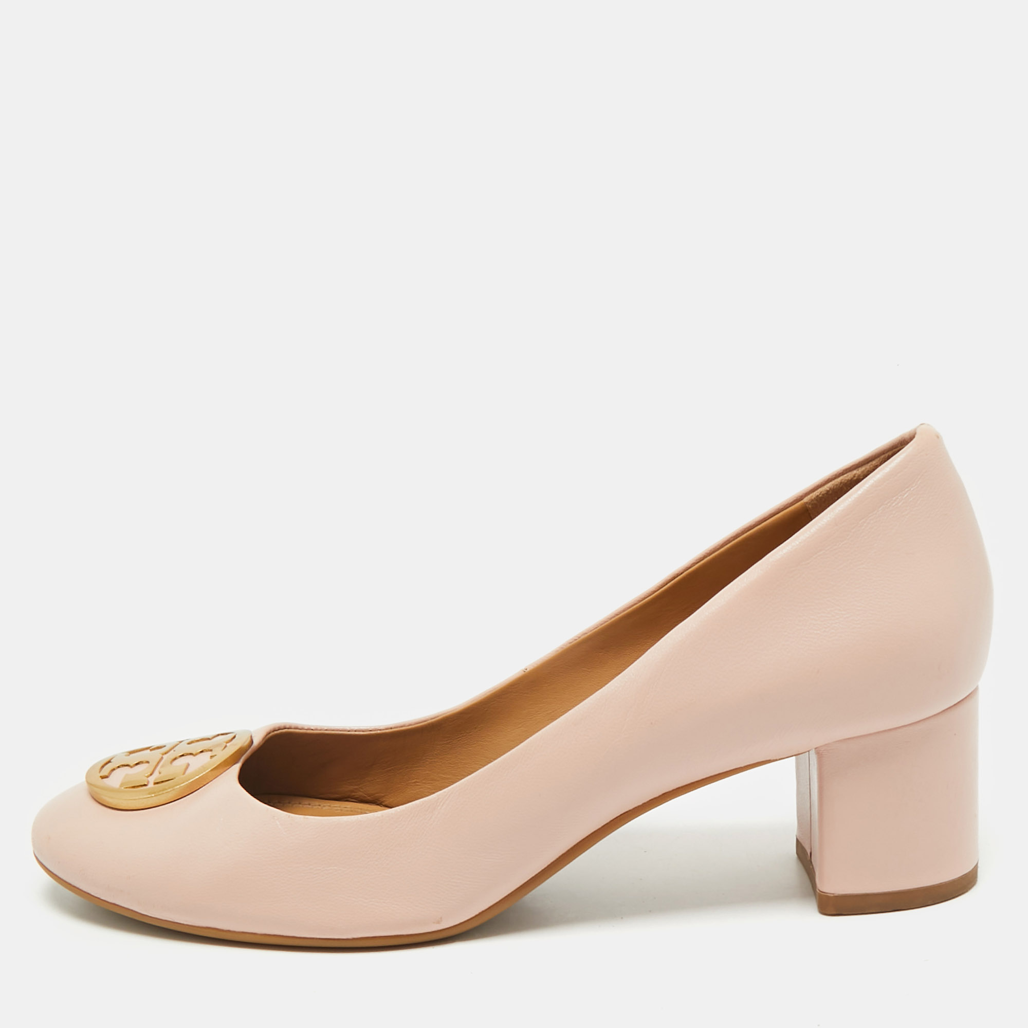 Pre-owned Tory Burch Brush Pink Leather Round Toe Janey Pumps Size 38