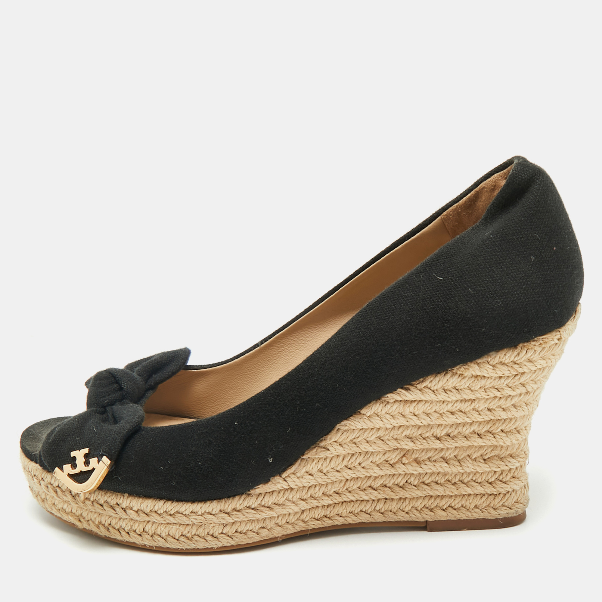 

Tory Burch Black Fabric Bow Peep-Toe Espadrille Wedge Pumps Size Size 37.5