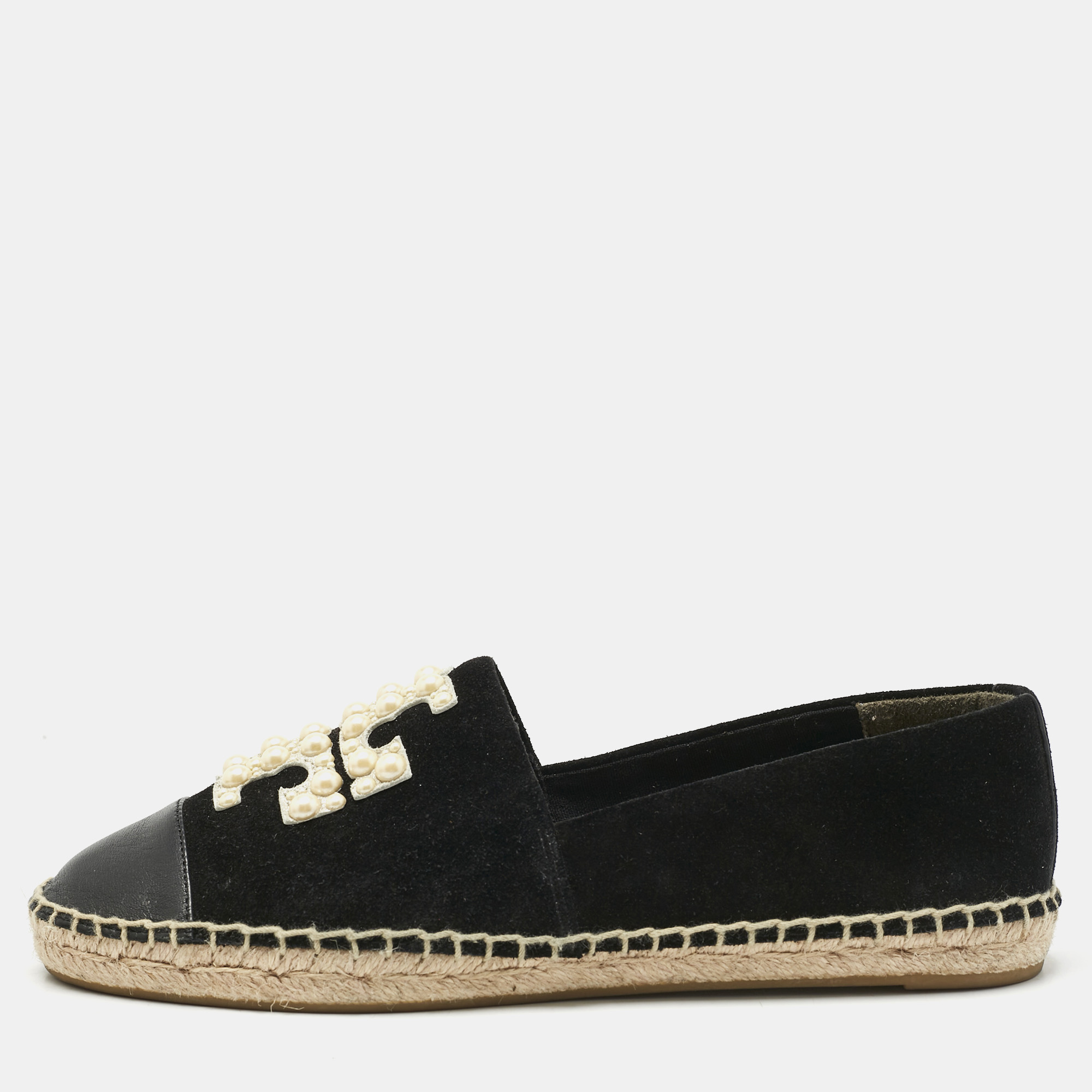 Pre-owned Tory Burch Black Leather And Suede Slip On Espadrille Flats Size 37