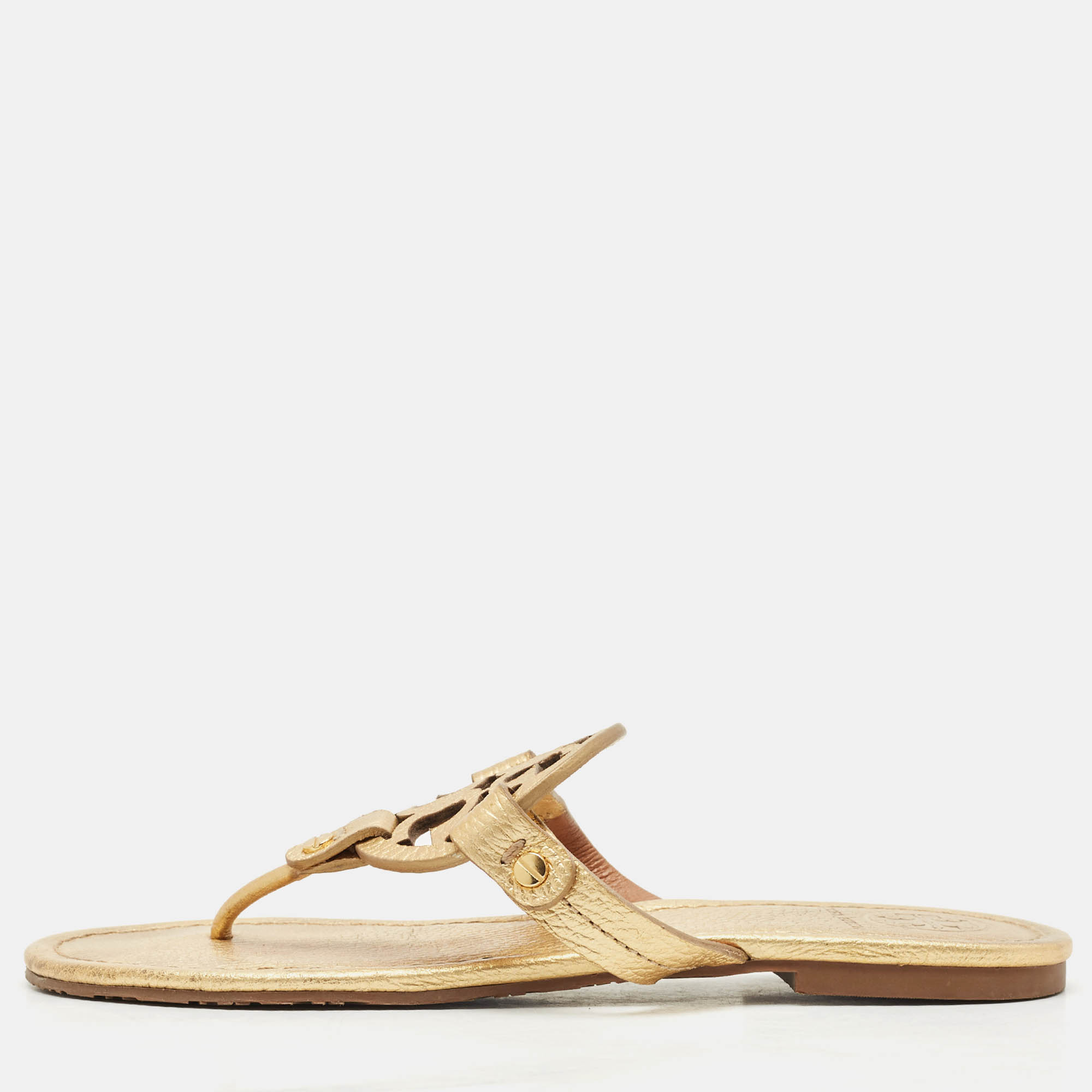 

Tory Burch Metallic Gold Leather Miller Flat Thong Sandals Size 37