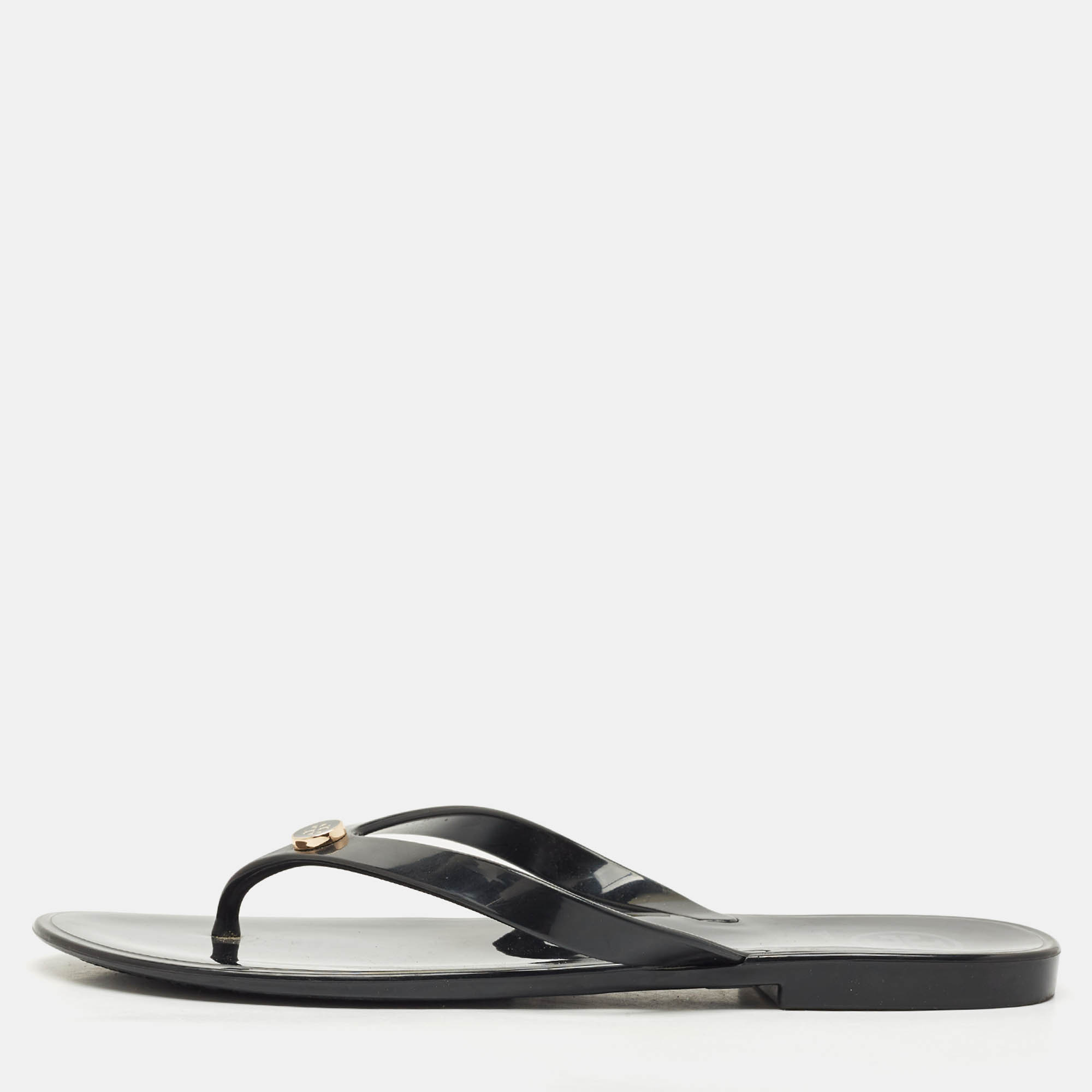 Pre-owned Tory Burch Black Rubber Mini Miller Thong Flats Size 37.5