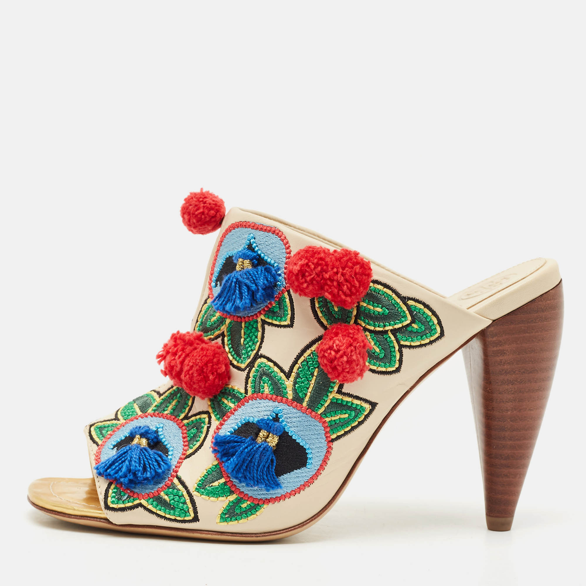 Pre-owned Tory Burch Multicolor Leather And Embroidered Fabric Pom Pom Open Toe Mules Size 38