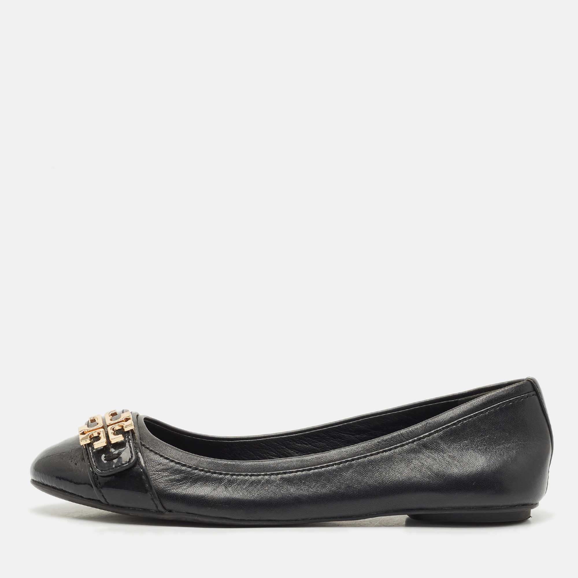 Pre-owned Tory Burch Black Leather Minnie Ballet Flats Size 37.5