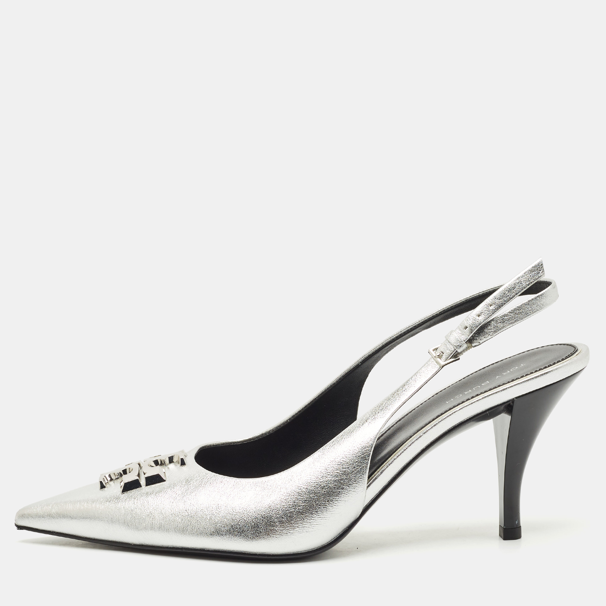 Pre-owned Tory Burch Metallic Silver Leather Eleanor Pointed Toe Slingback Pumps Size 39