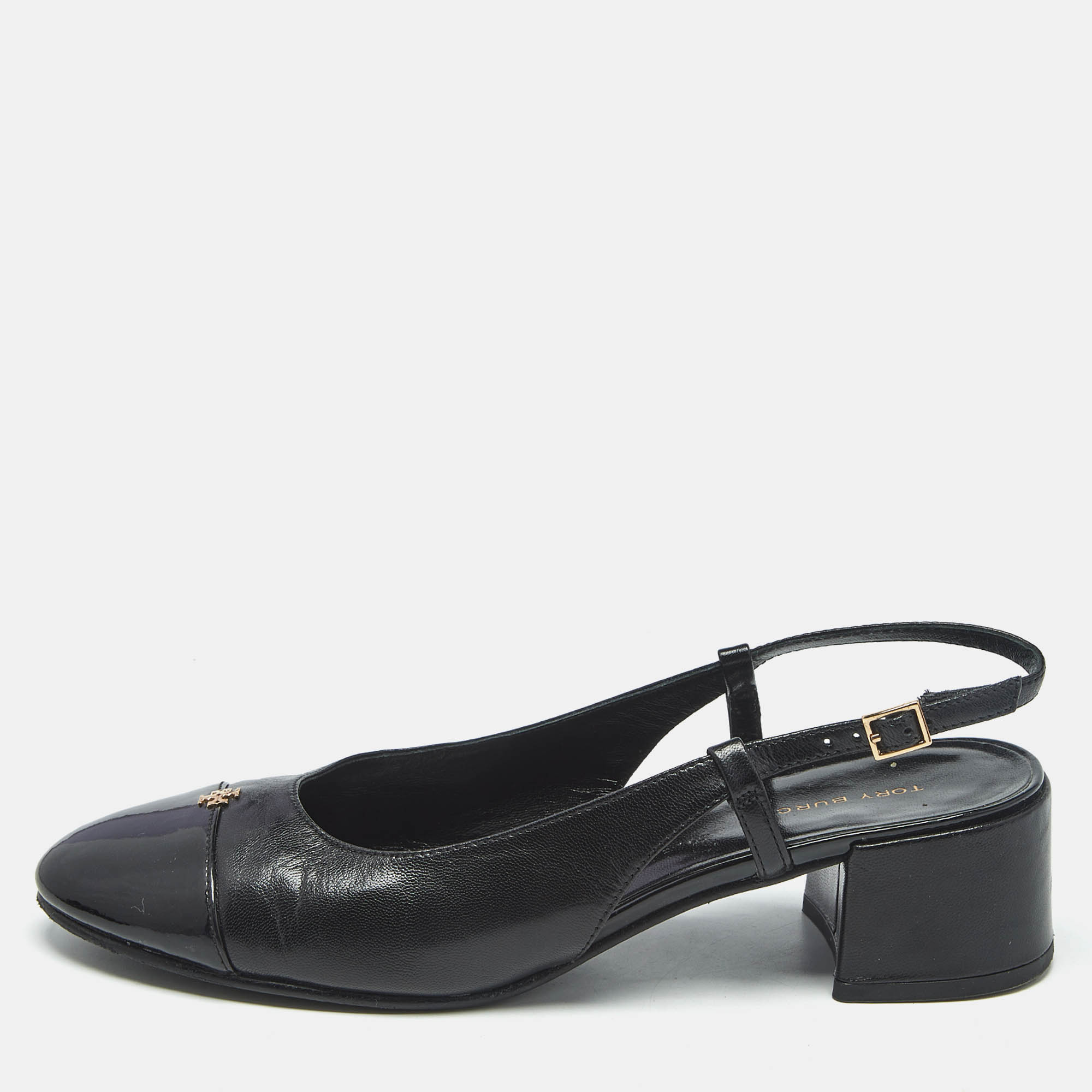 

Tory Burch Black Leather Benton Block Heel Slingback Pumps Size 38
