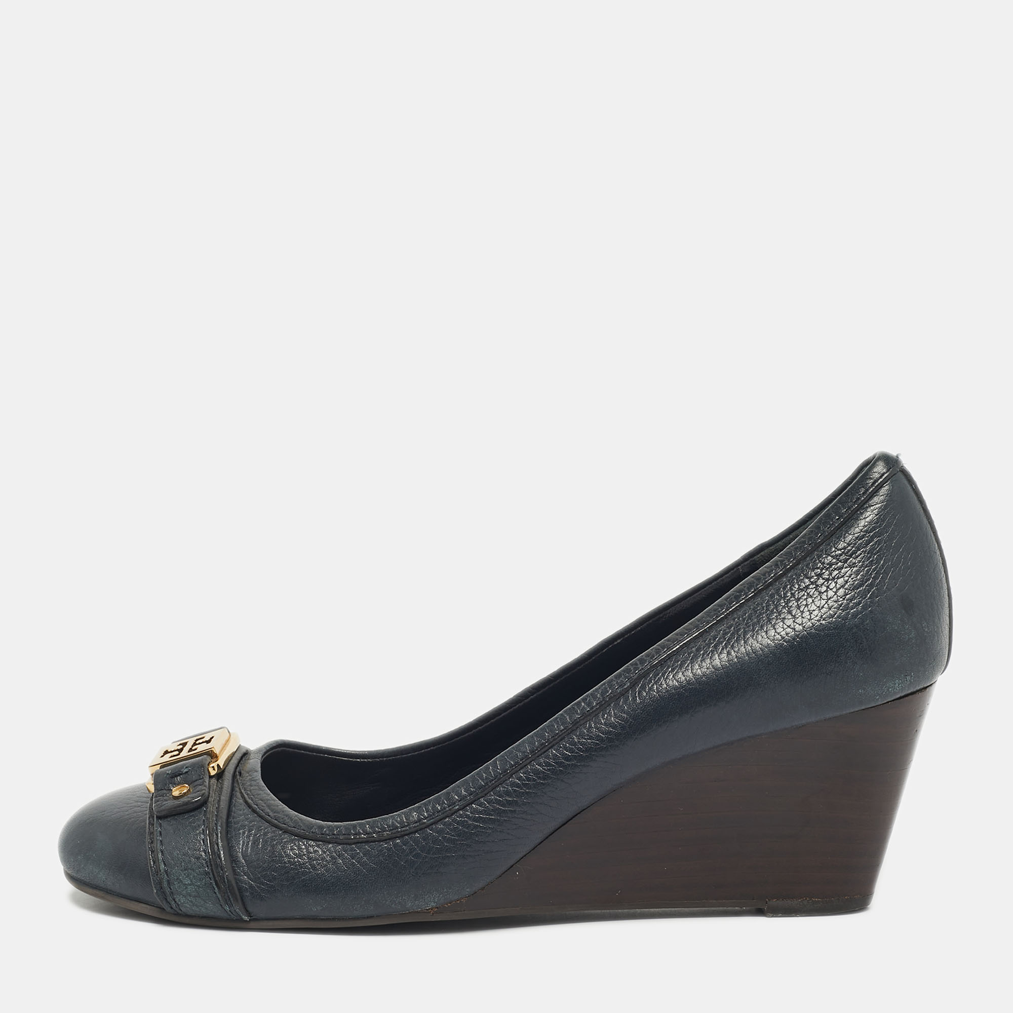 Pre-owned Tory Burch Navy Blue Leather Lowell Wedge Pumps Size 39.5