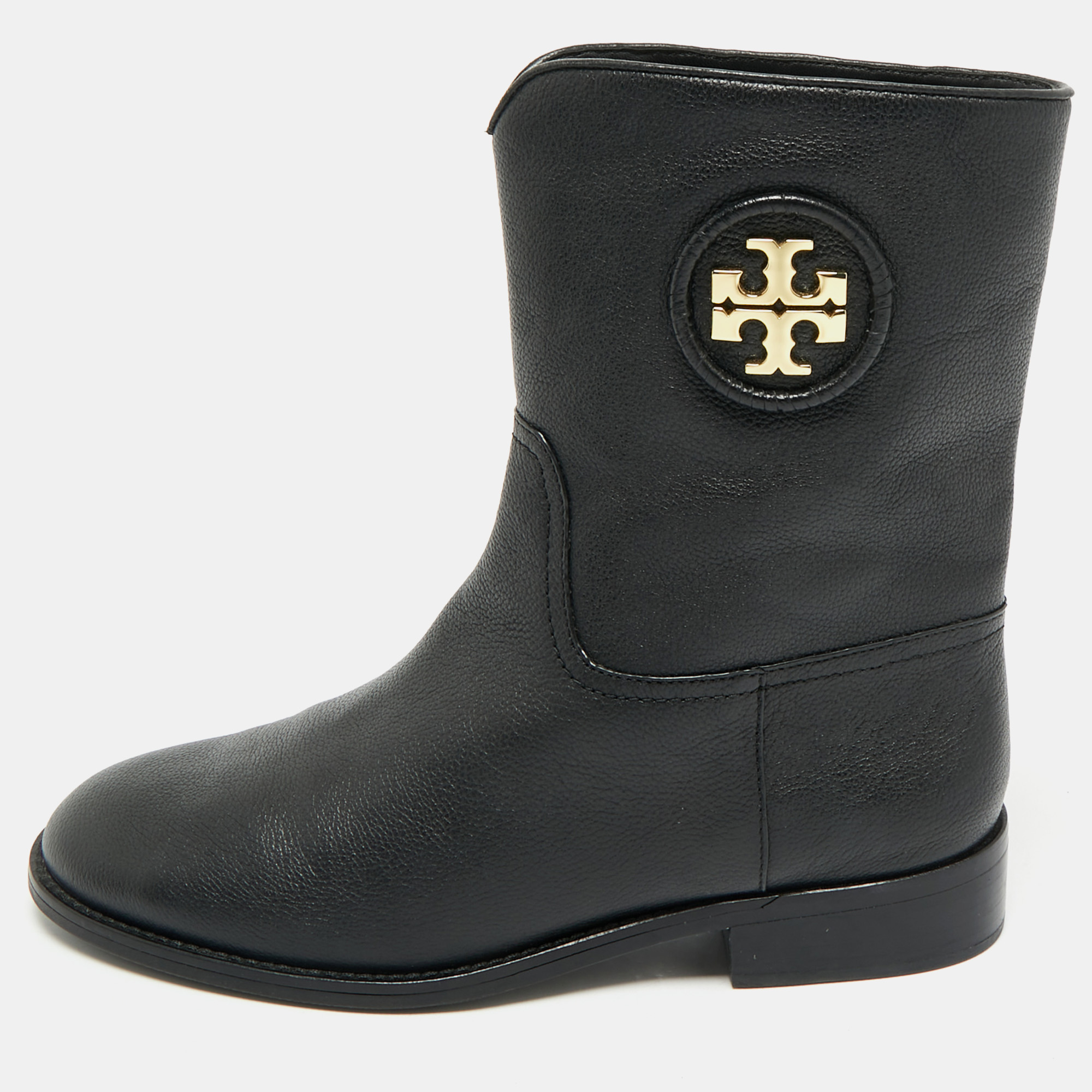 Tory Burch Black Leather Moto Mid Calf Boots Size 38