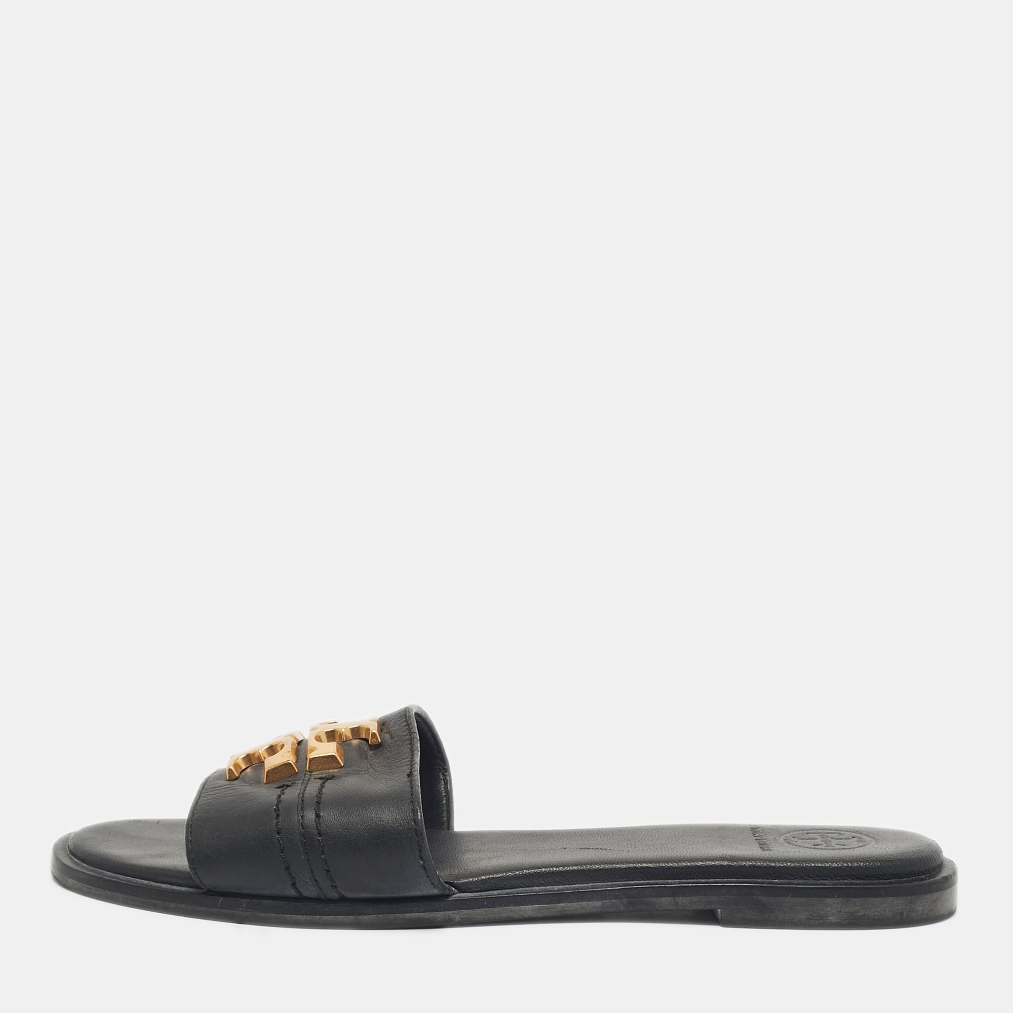 Pre-owned Tory Burch Black Leather Everly Flat Slides Size 36