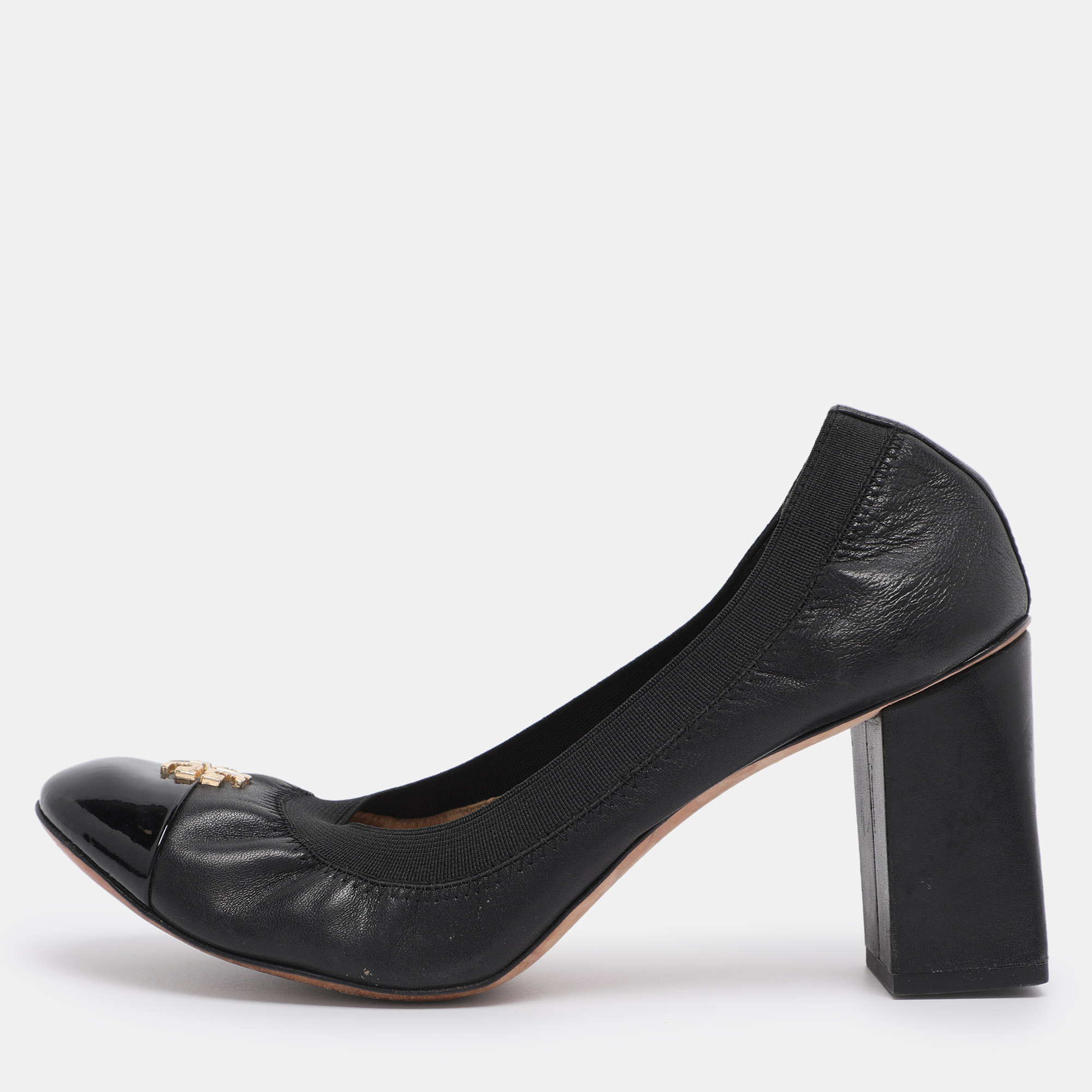 Pre-owned Tory Burch Black Leather Cap Toe Jolie Block Heel Pumps Size 38