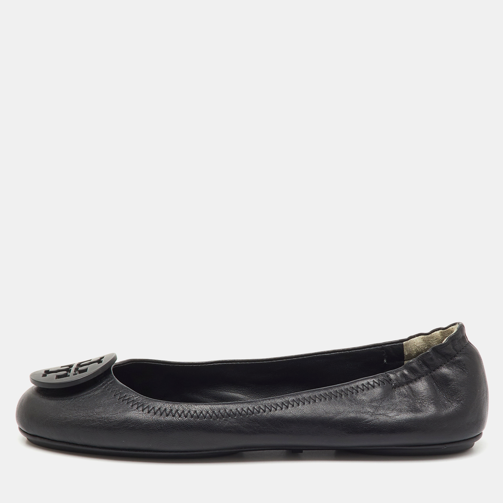 

Tory Burch Black Leather Reva Logo Scrunch Ballet Flats Size 38