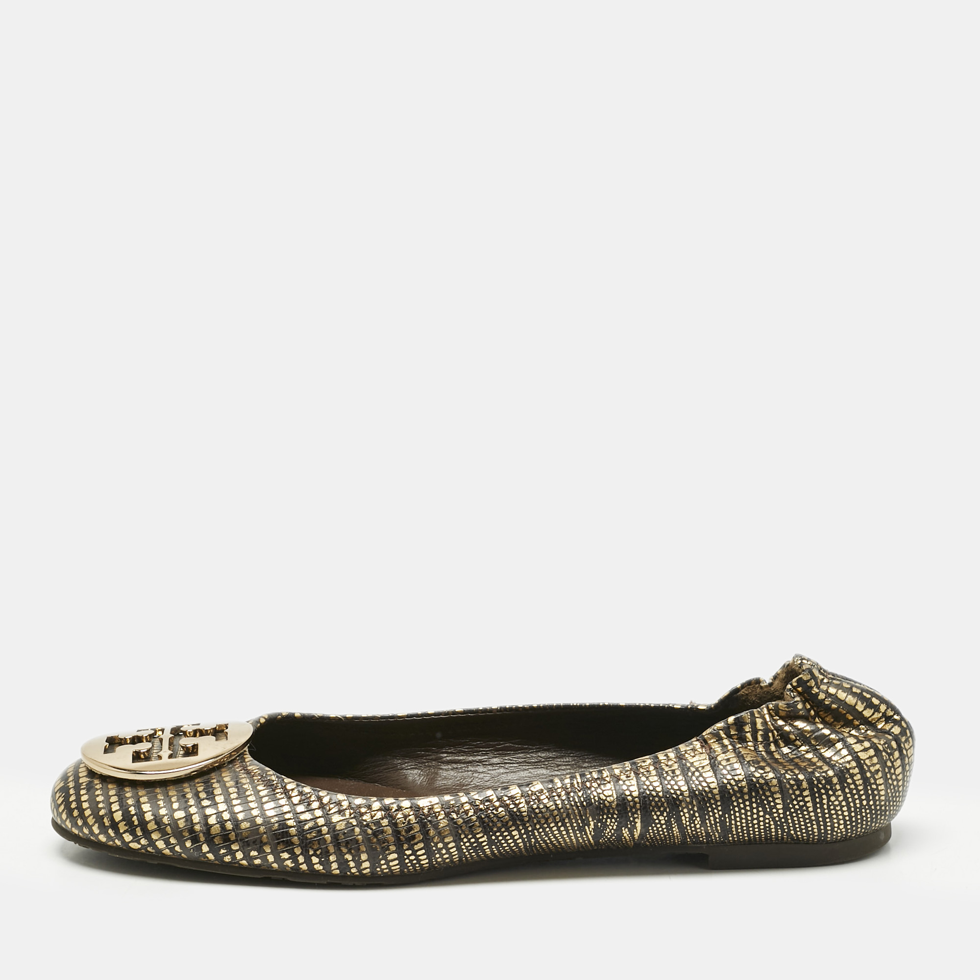 Pre-owned Tory Burch Gold/dark Brown Lizard Embossed Leather Minnie Ballet Flats Size 39 In Green