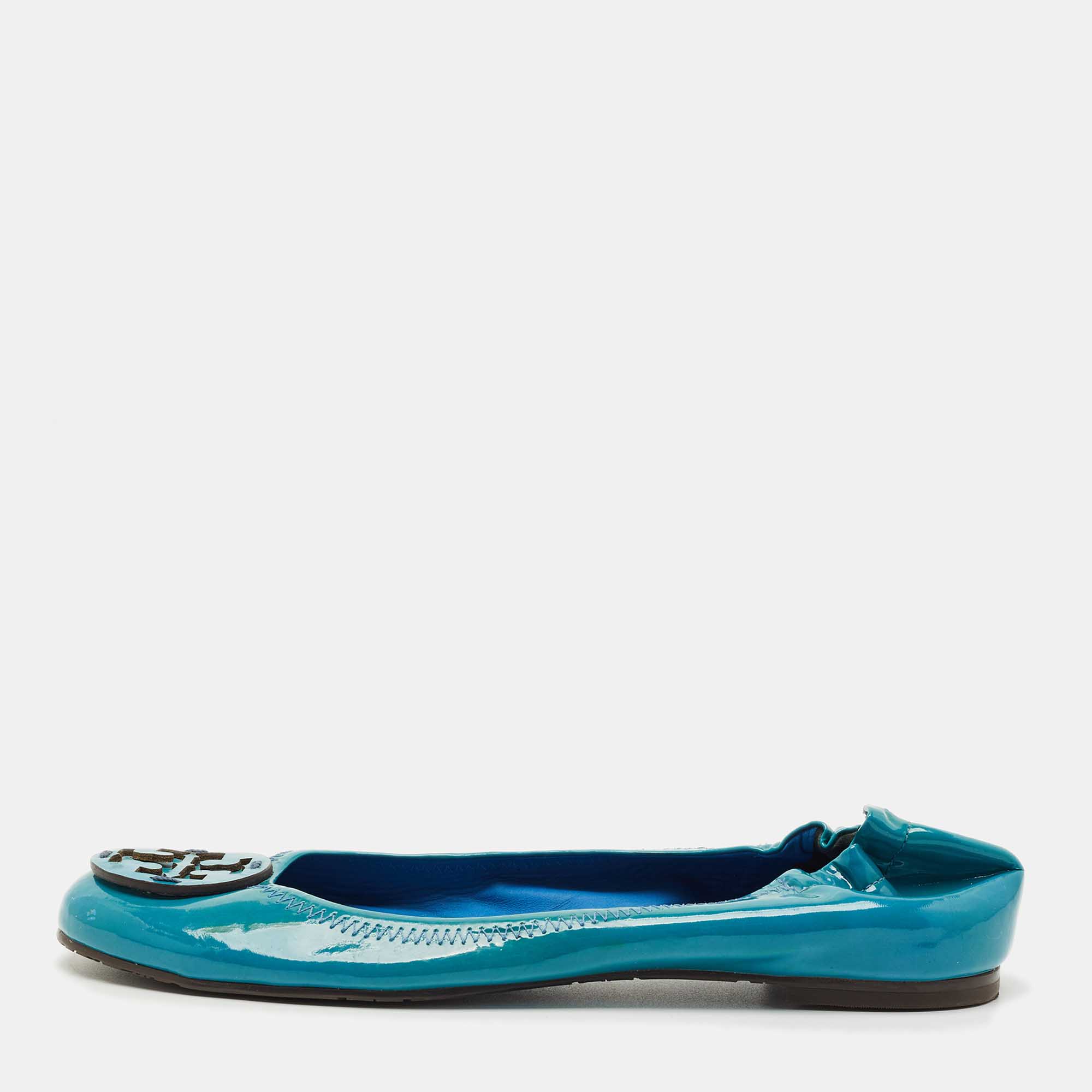 Pre-owned Tory Burch Blue Patent Leather Minnie Travel Ballet Flats Size 38.5