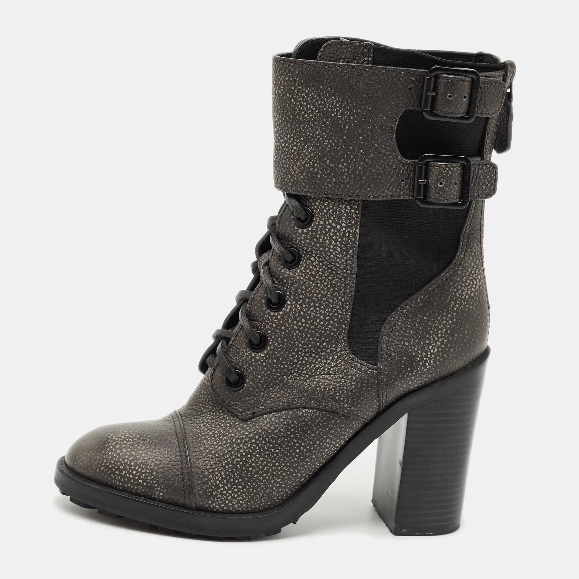 Pre-owned Tory Burch Grey Elastic And Leather Broome Combat Boots Size 37 In Gray