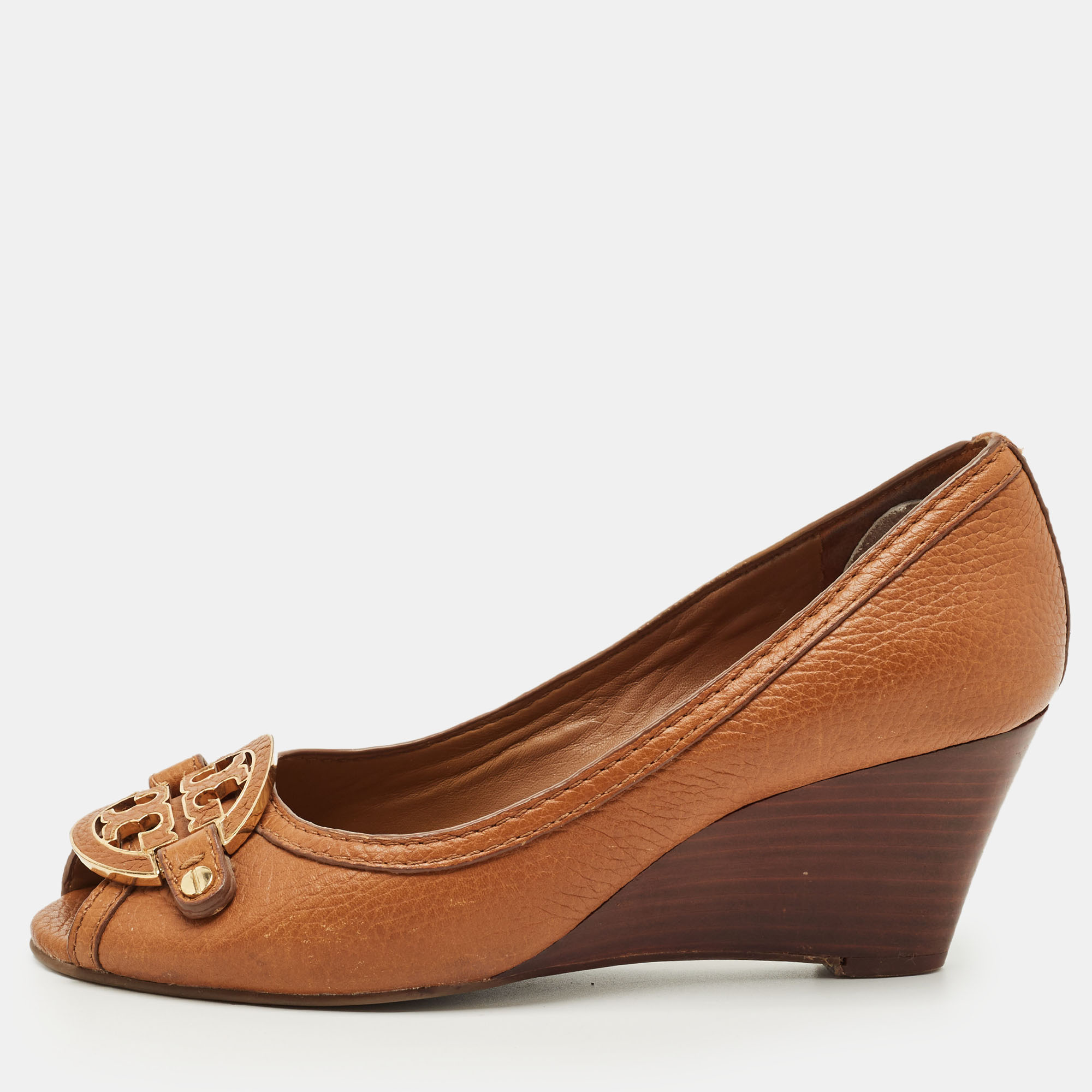 

Tory Burch Brown Leather Amanda Peep Toe Wedge Pumps Size 37