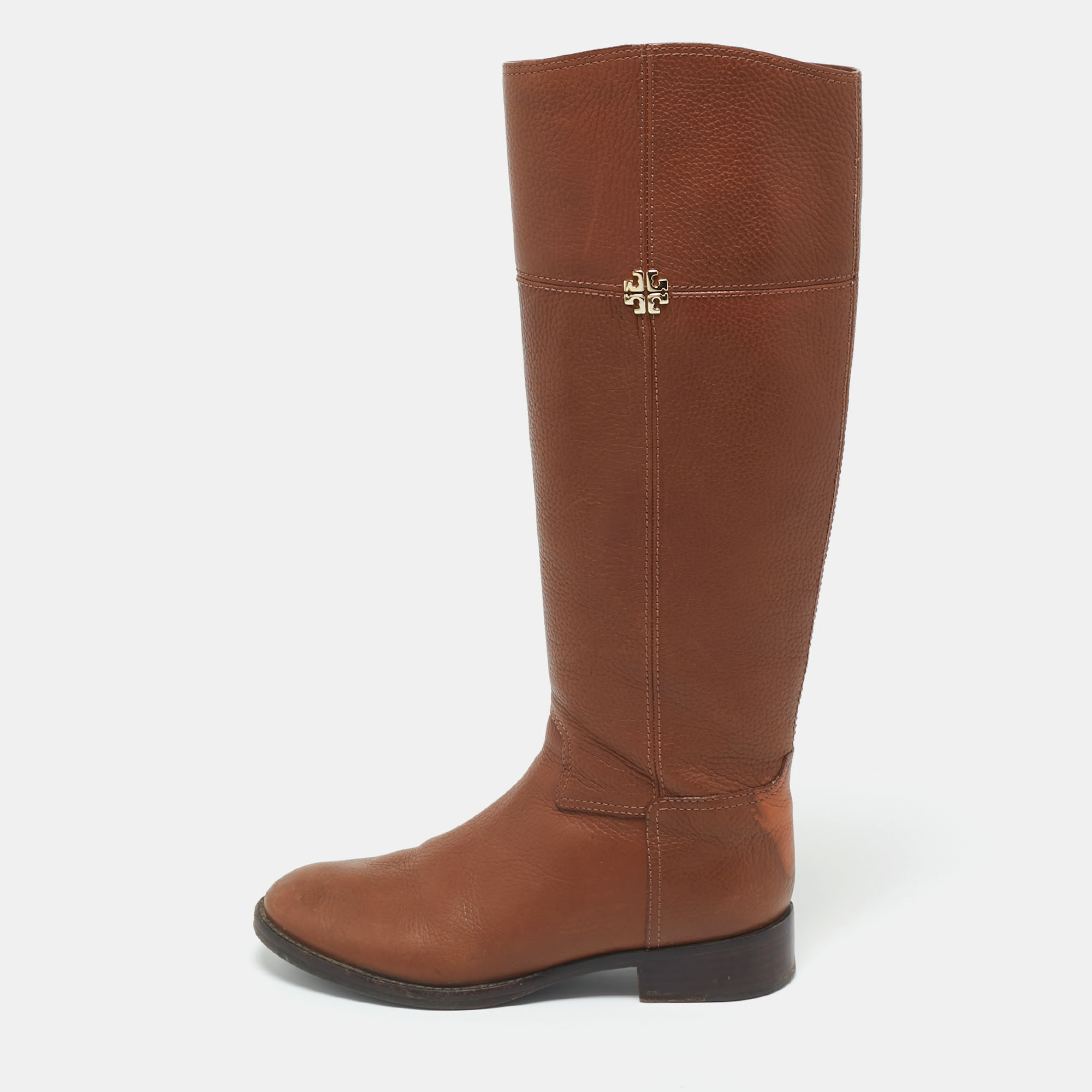 Pre-owned Tory Burch Brown Leather Jolie Riding Knee Length Boots Size 37