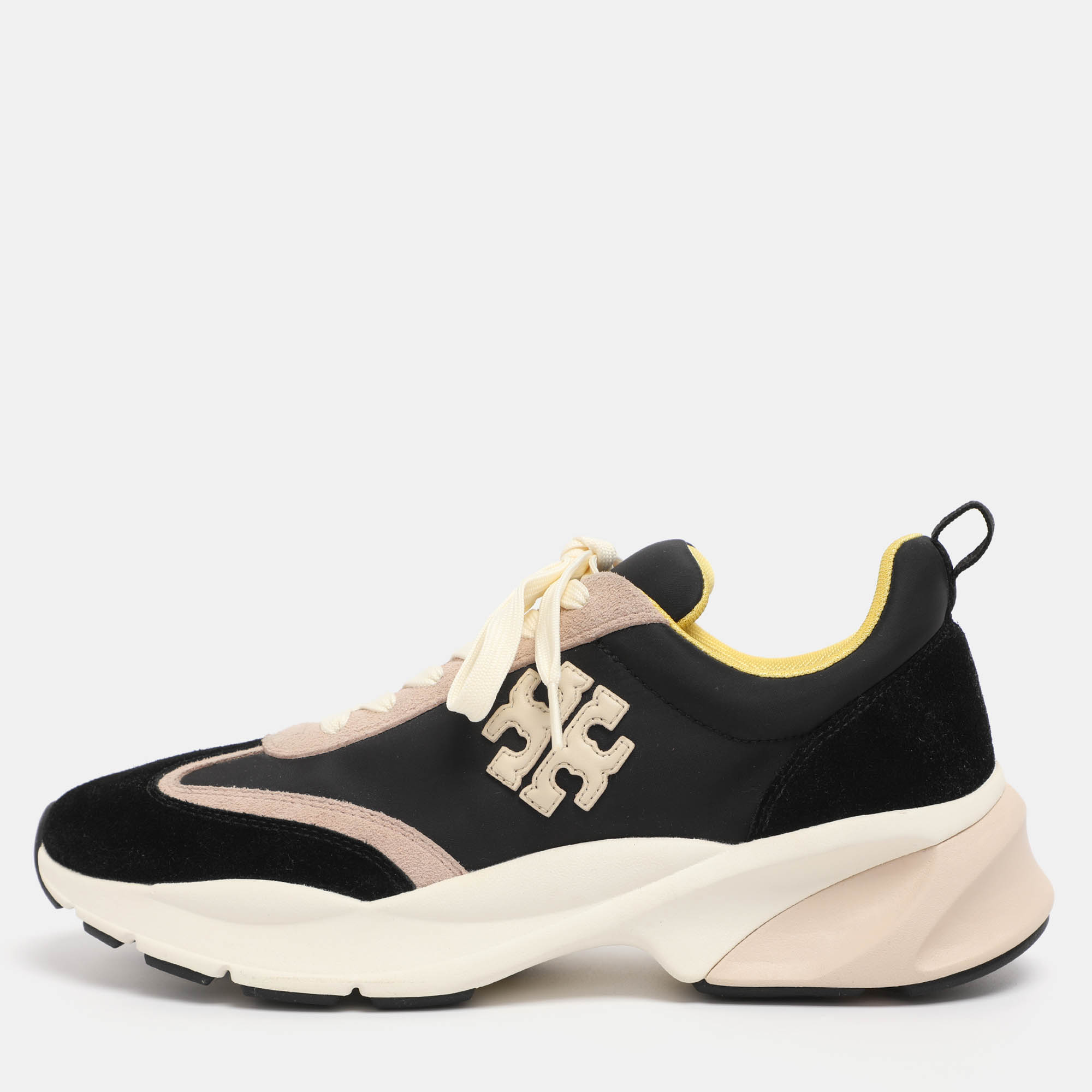 Pre-owned Tory Burch Black/old Rose Fabric And Suede Good Luck Low Top Sneakers Size 40