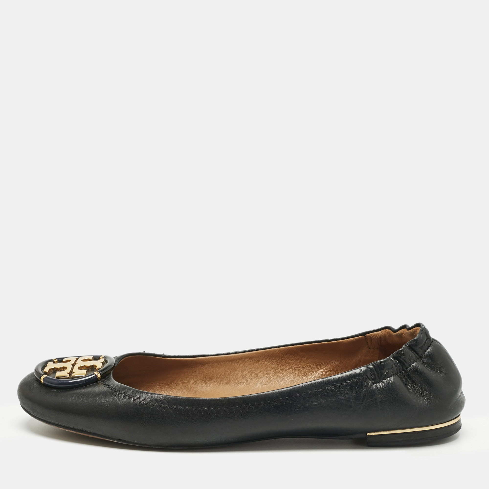 Tory Burch Black Leather Minnie Travel Scrunch Ballet Flats Size 38