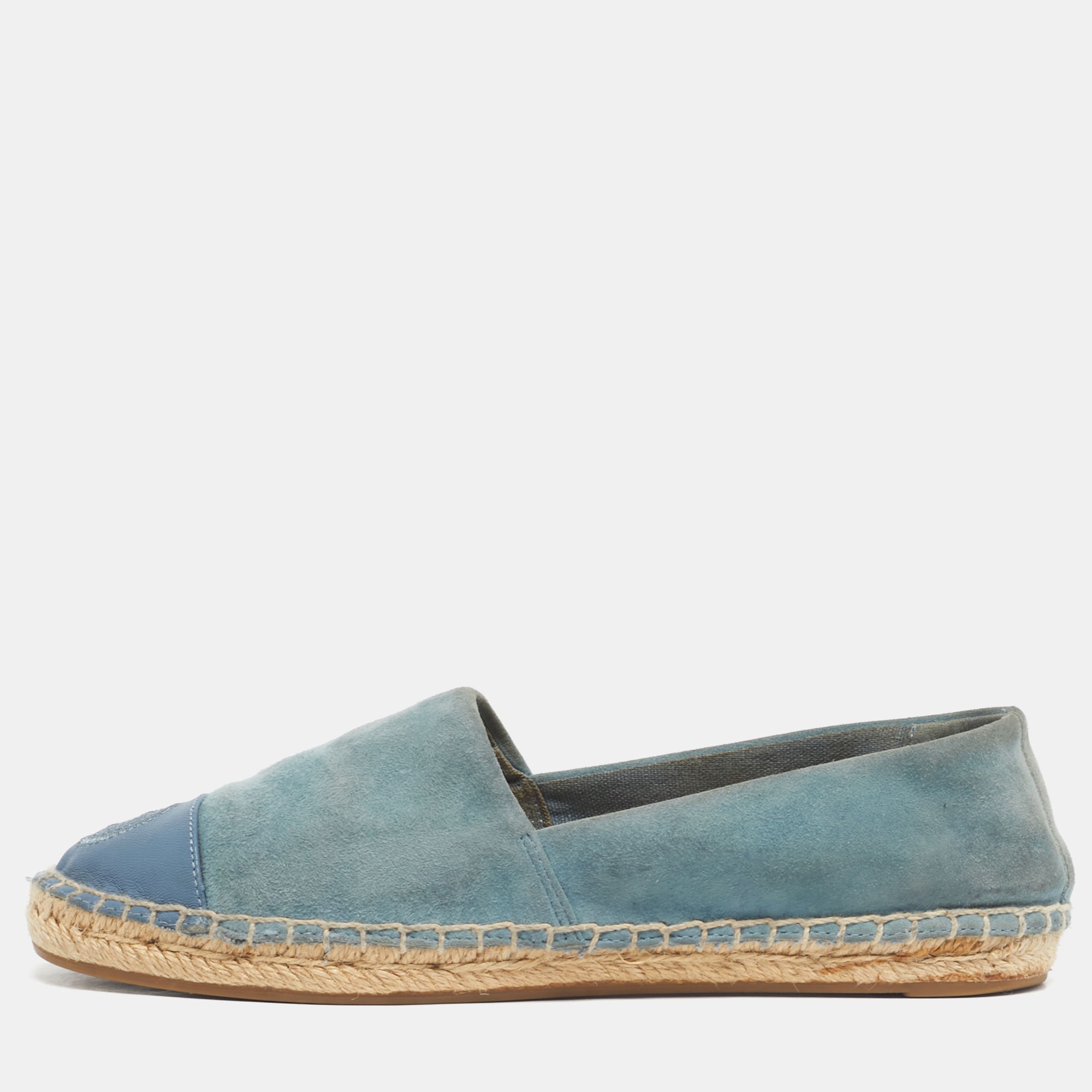 Pre-owned Tory Burch Blue Suede And Leather Logo Cap Toe Espadrille Flats Size 35.5