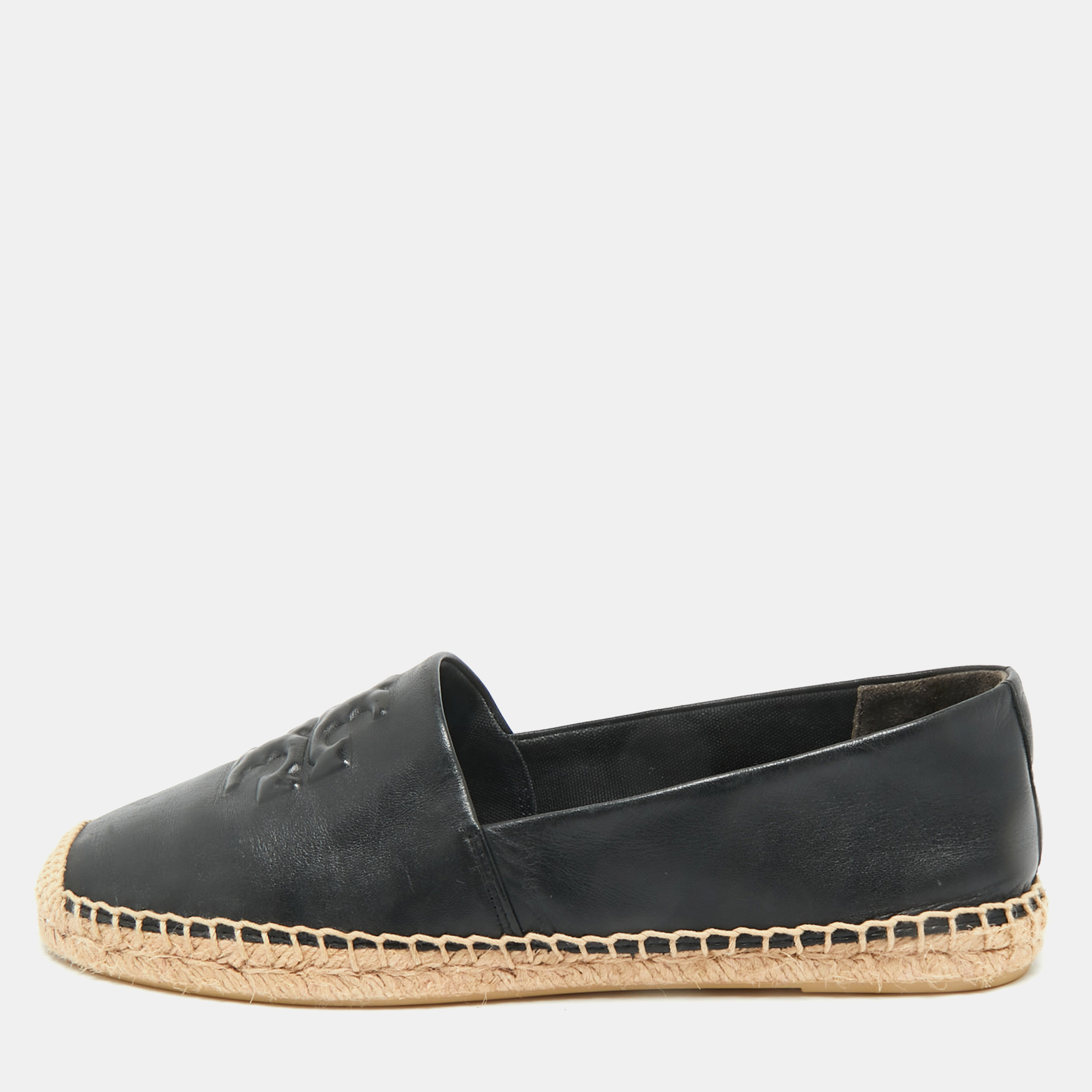 Tory Burch Black Leather Ines Logo Espadrille Flats Size 38.5