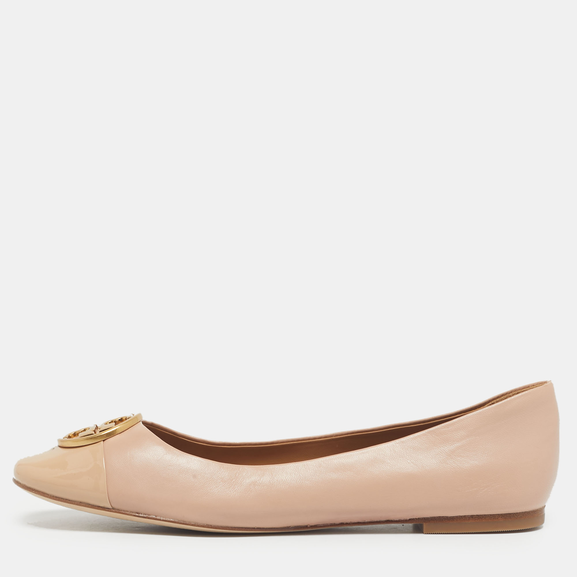 Tory Burch Beige Leather and Patent Scrunch Ballet Flats Size 38