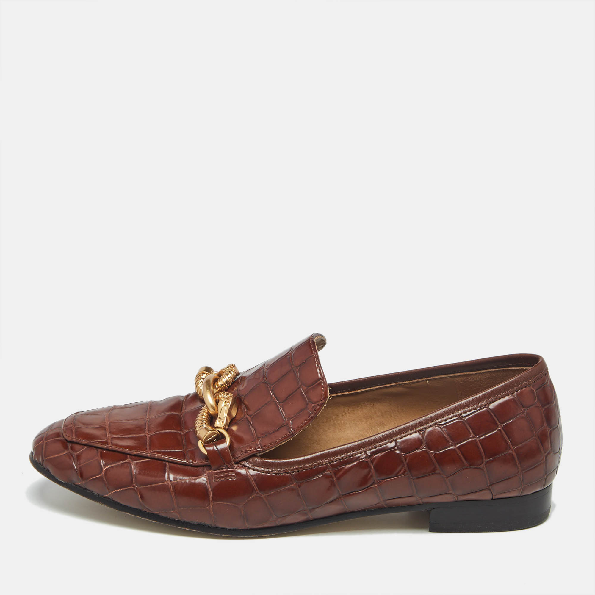 Tory Burch Brown Croc Embossed Leather Loafers Size 38
