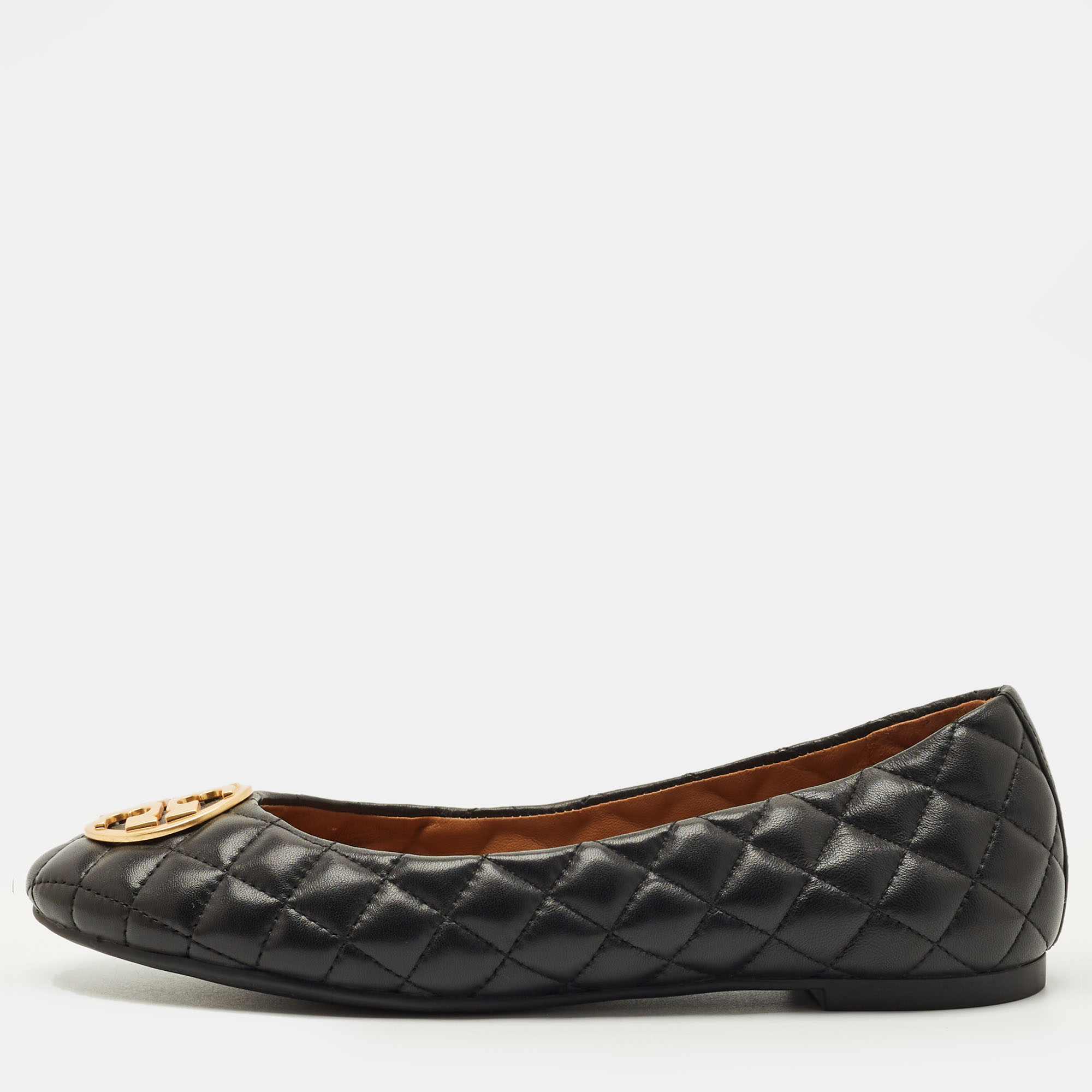 Pre-owned Tory Burch Black Quilted Leather Benton 2 Ballet Flats Size 37.5