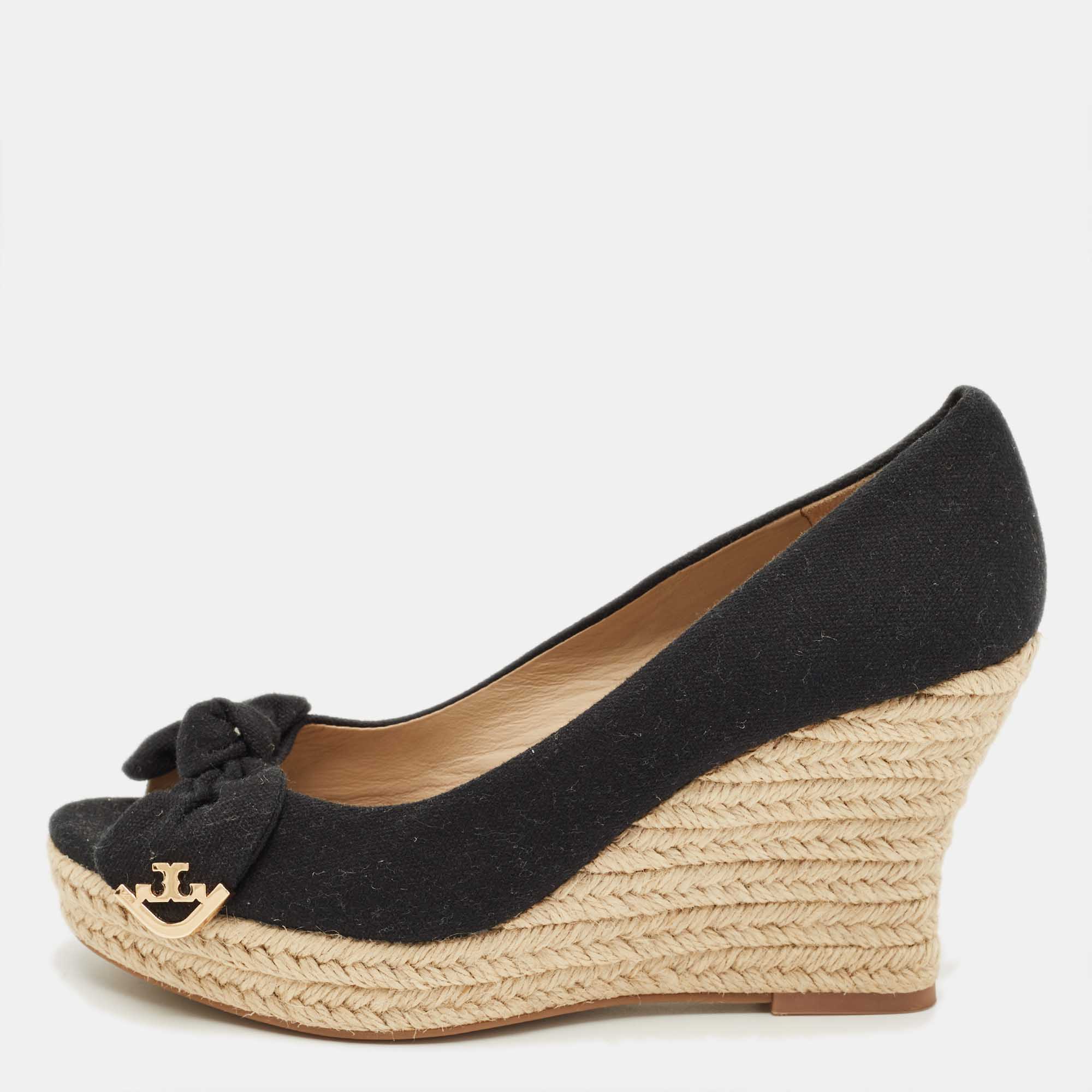 

Tory Burch Black Canvas Peep Toe Espadrille Pumps Size 36
