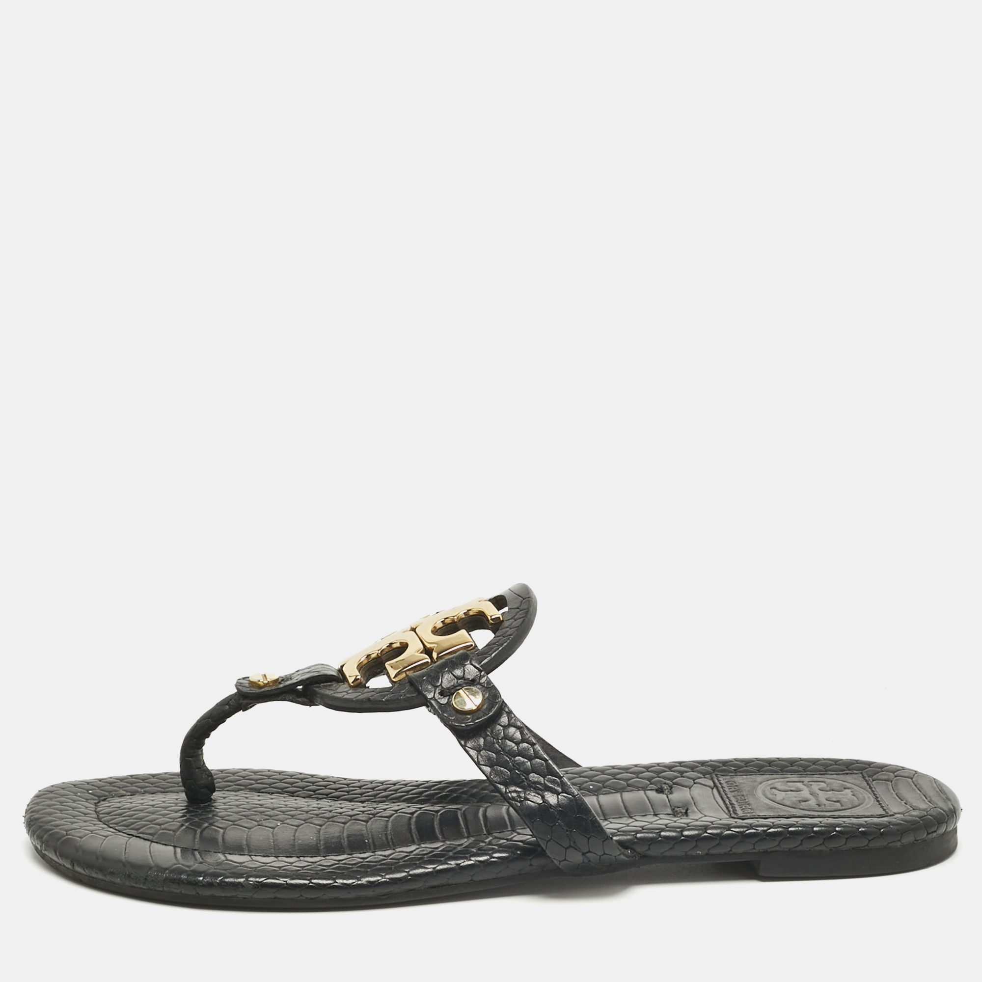 

Tory Burch Black Python Embossed Leather Logo Miller Thong Flat Size 37