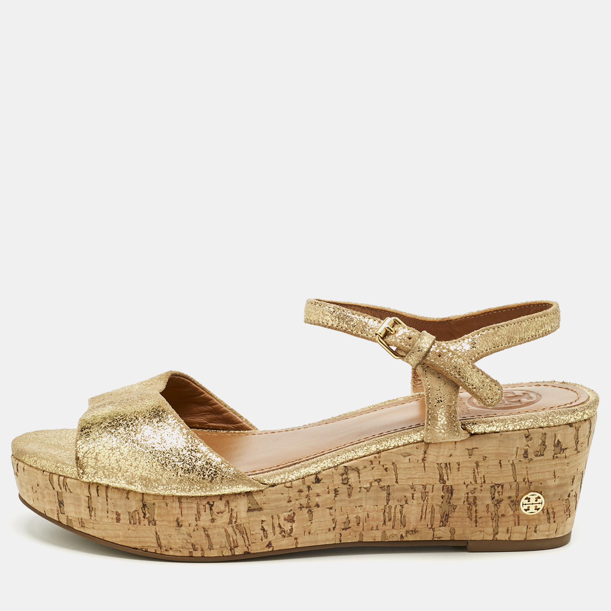 Pre-owned Tory Burch Gold Texture Suede Wedge Sandals Size 37.5