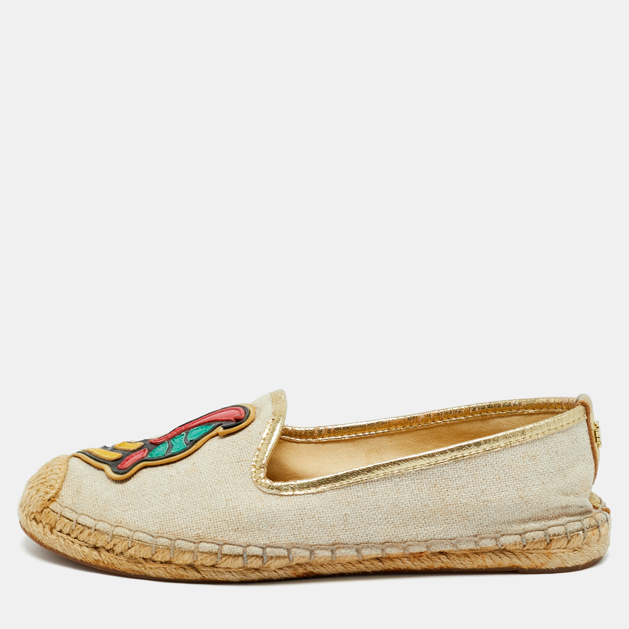 Pre-owned Tory Burch Beige Canvas And Leather Trim Parriot Espadrille Flats Size 36 In Sand