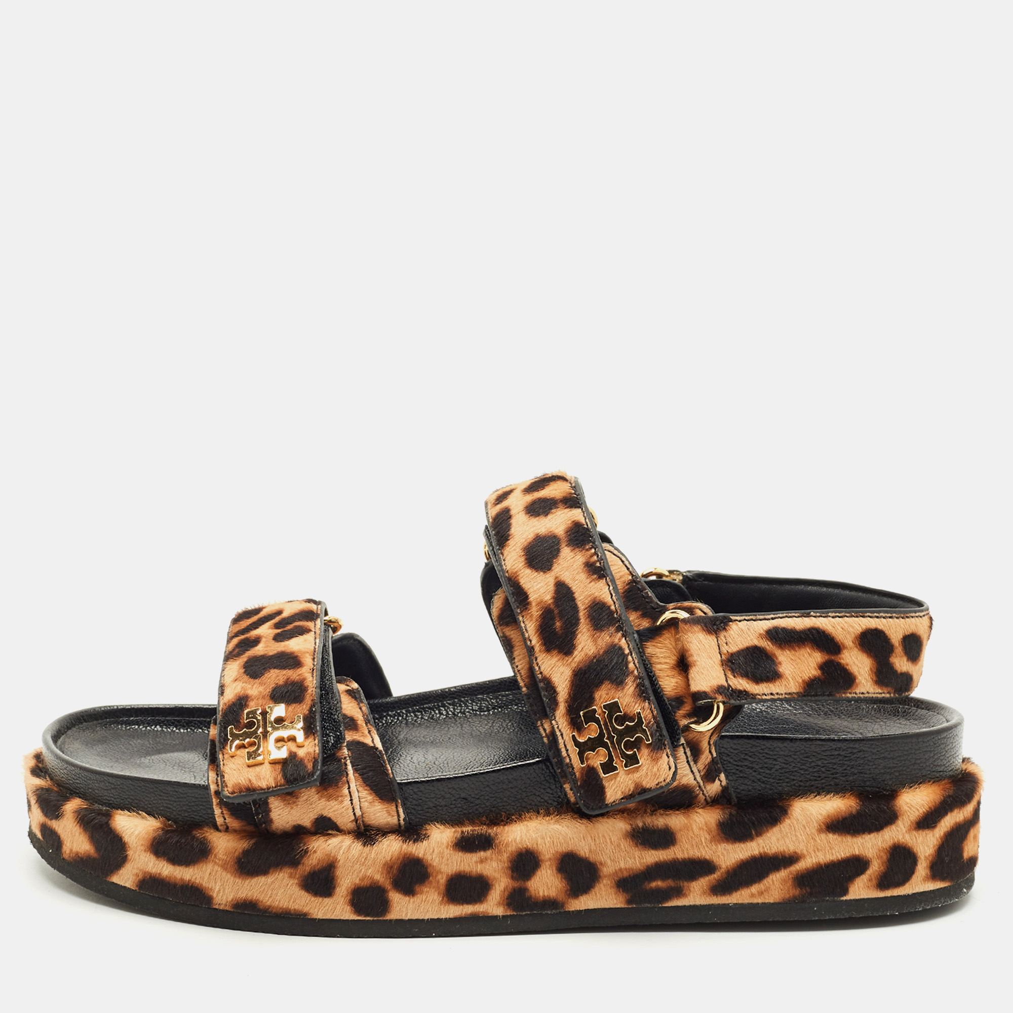 

Tory Burch Brown Loepard-Print Calf Hair Flat Sandals Size 38