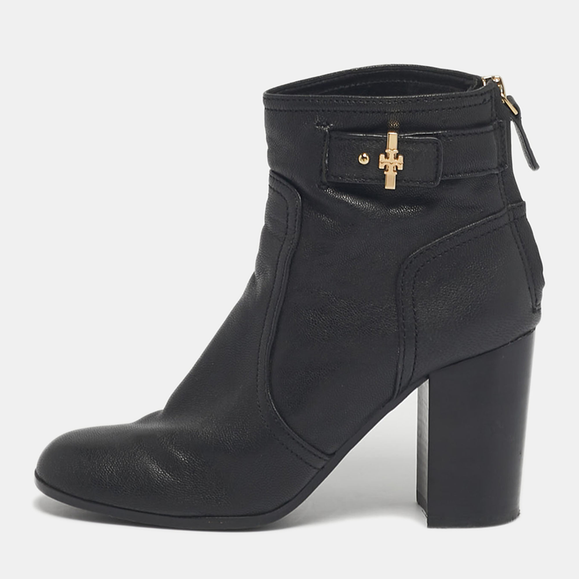 Pre-owned Tory Burch Black Leather Ankle Length Boots Size 37.5