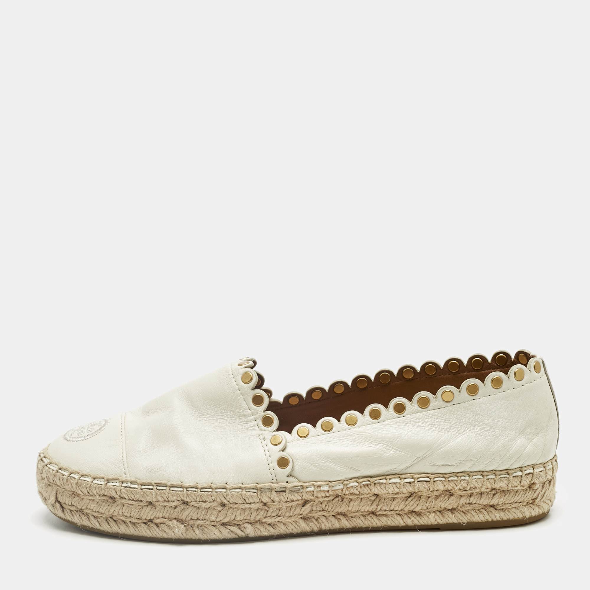 Pre-owned Tory Burch Cream Leather Embroidered Logo Espadrille Flats Size 38.5 In White