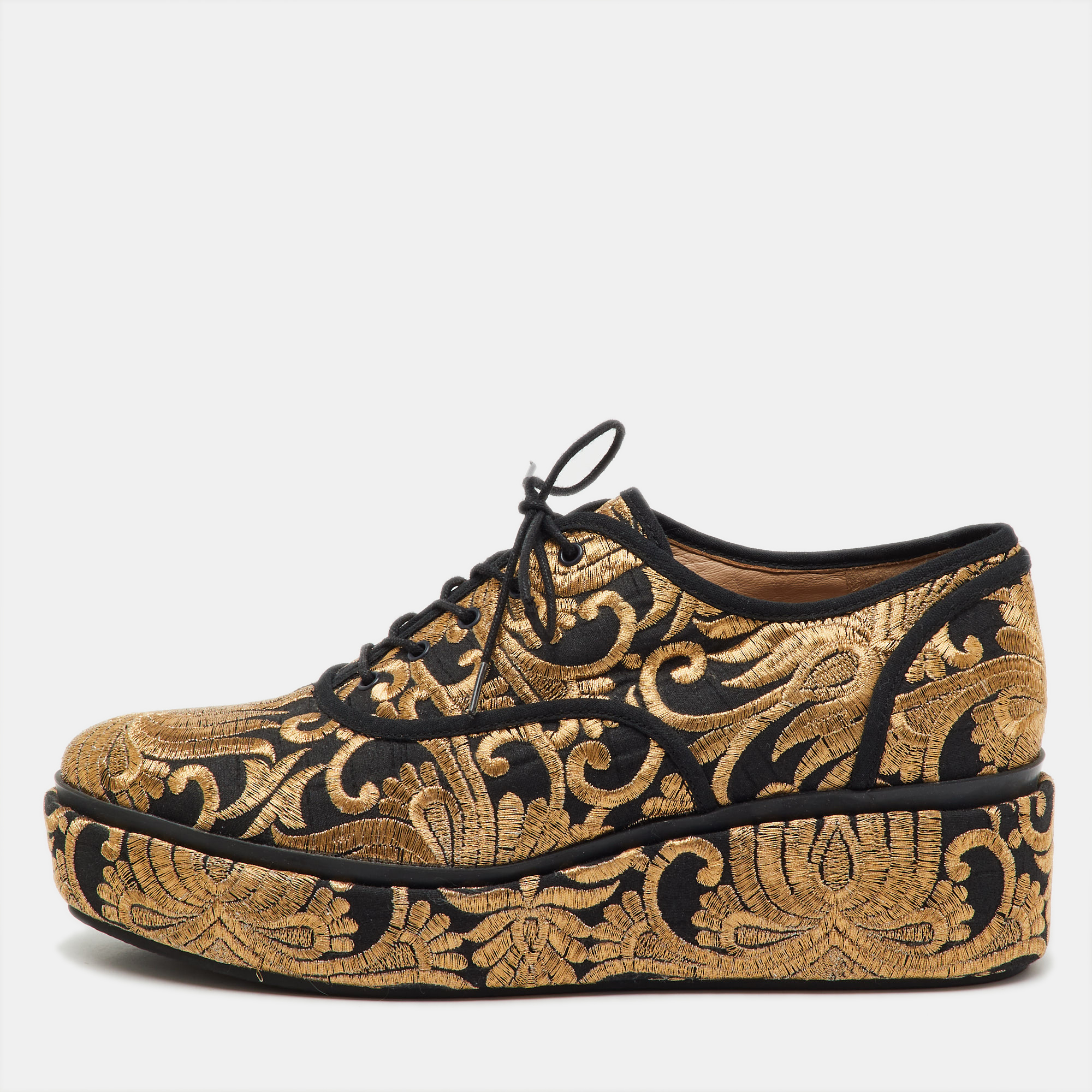

Tory Burch Black/Gold Brocade Fabric Arden Platform Oxfords Size 38.5