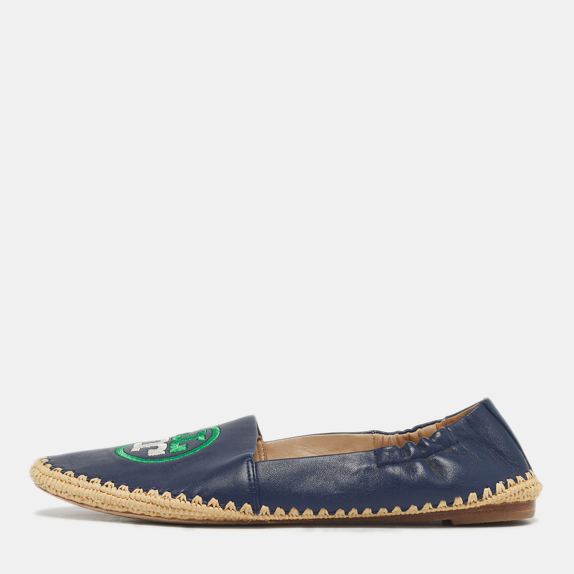 Pre-owned Tory Burch Navy Blue Leather Ines Espadrille Flats Size 37.5