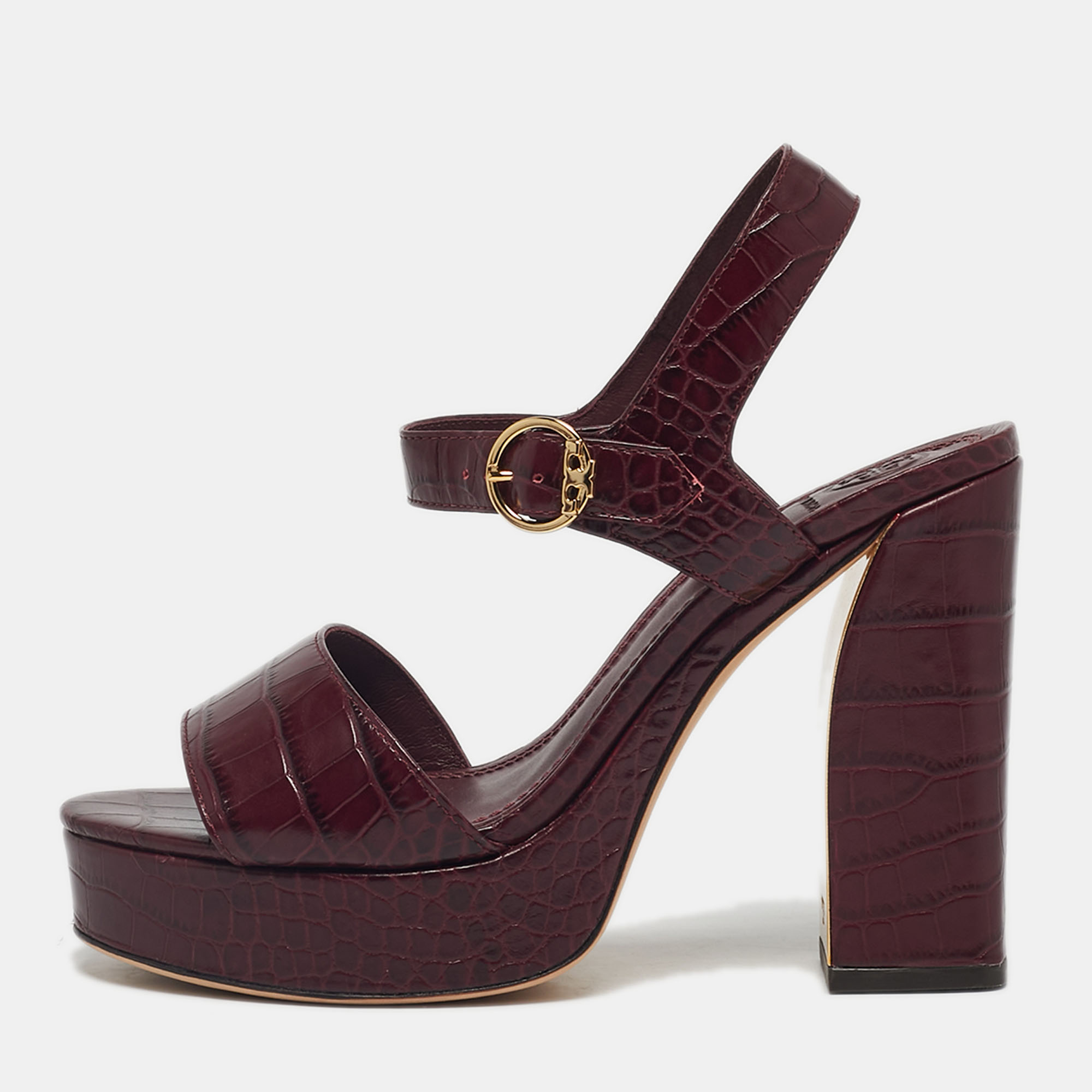 Pre-owned Tory Burch Burgundy Embossed Crocodile Maritine Sandals Size 38