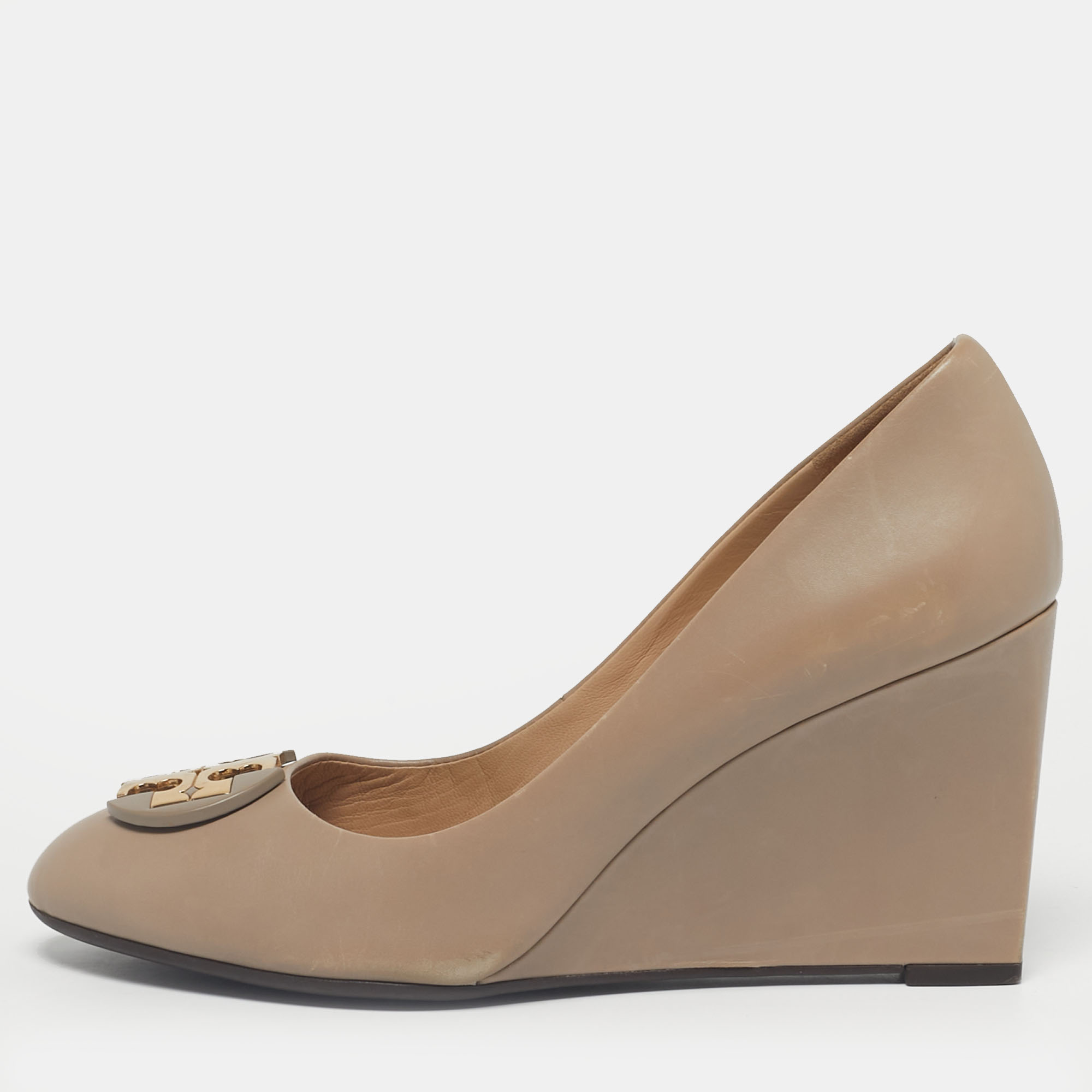 Pre-owned Tory Burch Grey Leather Sally Wedge Pumps Size 39 In Gray