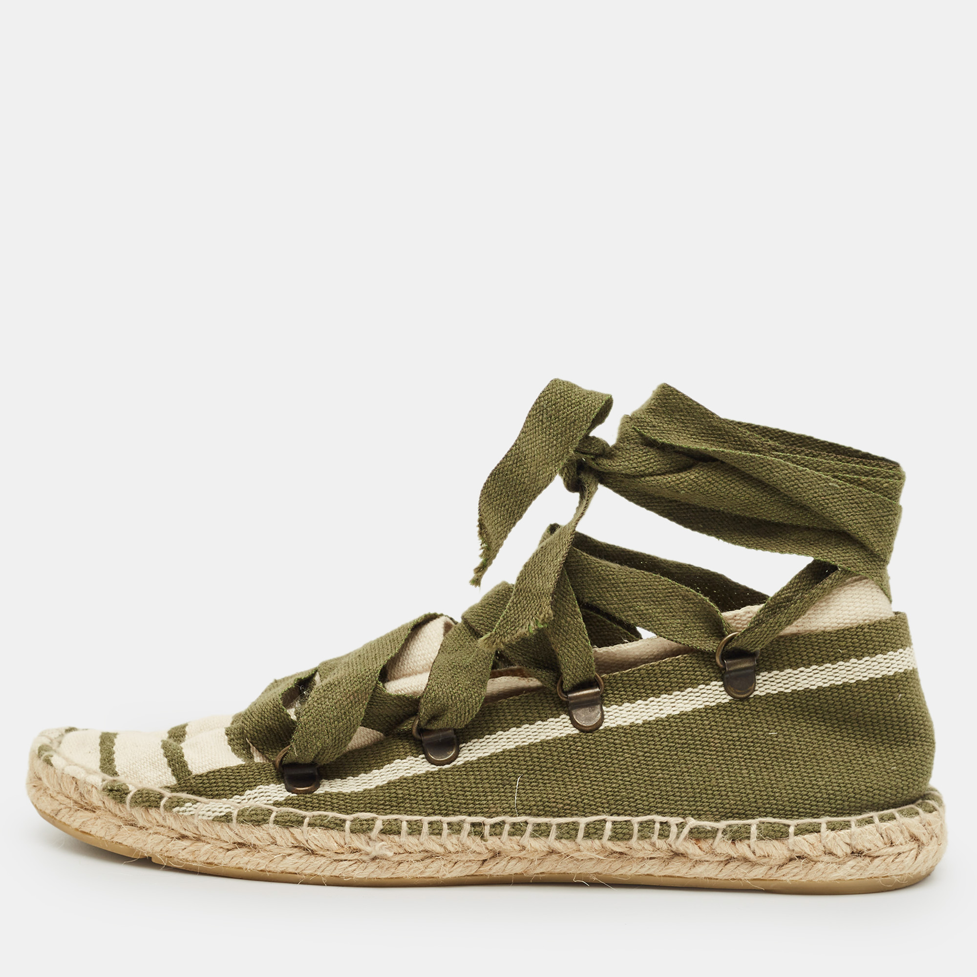 Pre-owned Tory Burch Green/white Stripe Canvas Ankle Wrap Espadrille Flats Size 37