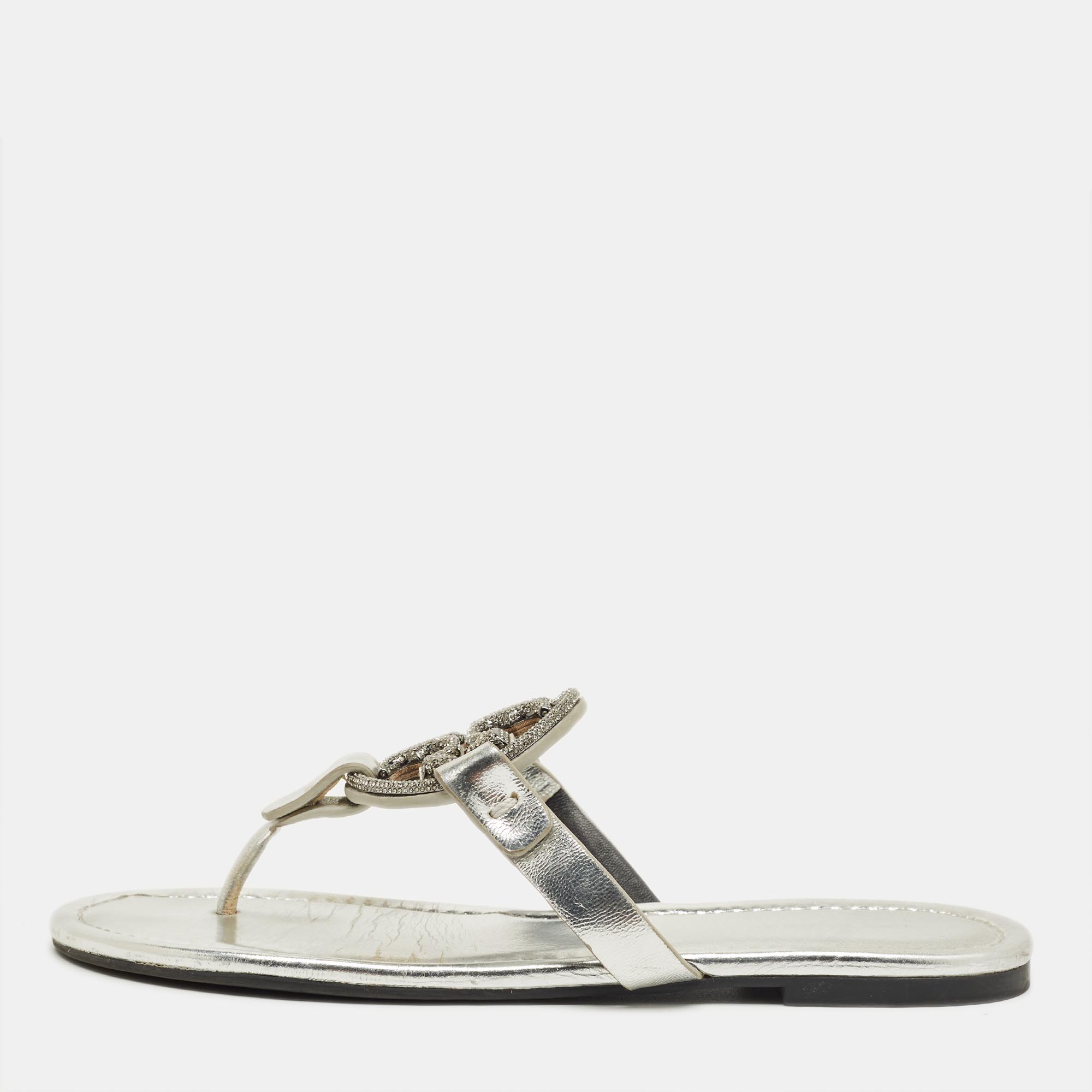 Pre-owned Tory Burch Silver Leather Miller Thong Sandals Size 37.5