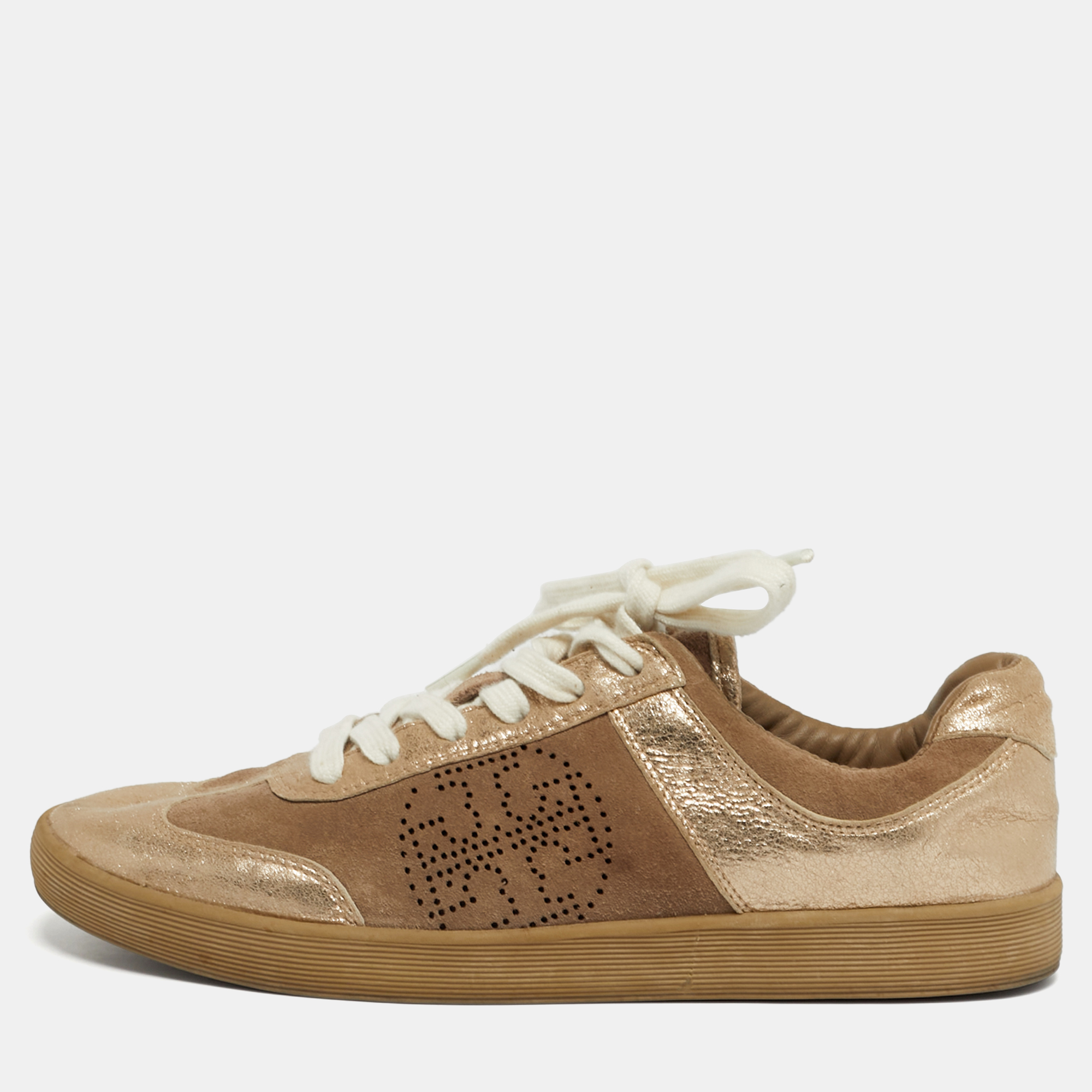 

Tory Burch Beige/Gold Suede and Metallic Leather Perforated Logo Sneakers Size 38.5, Brown