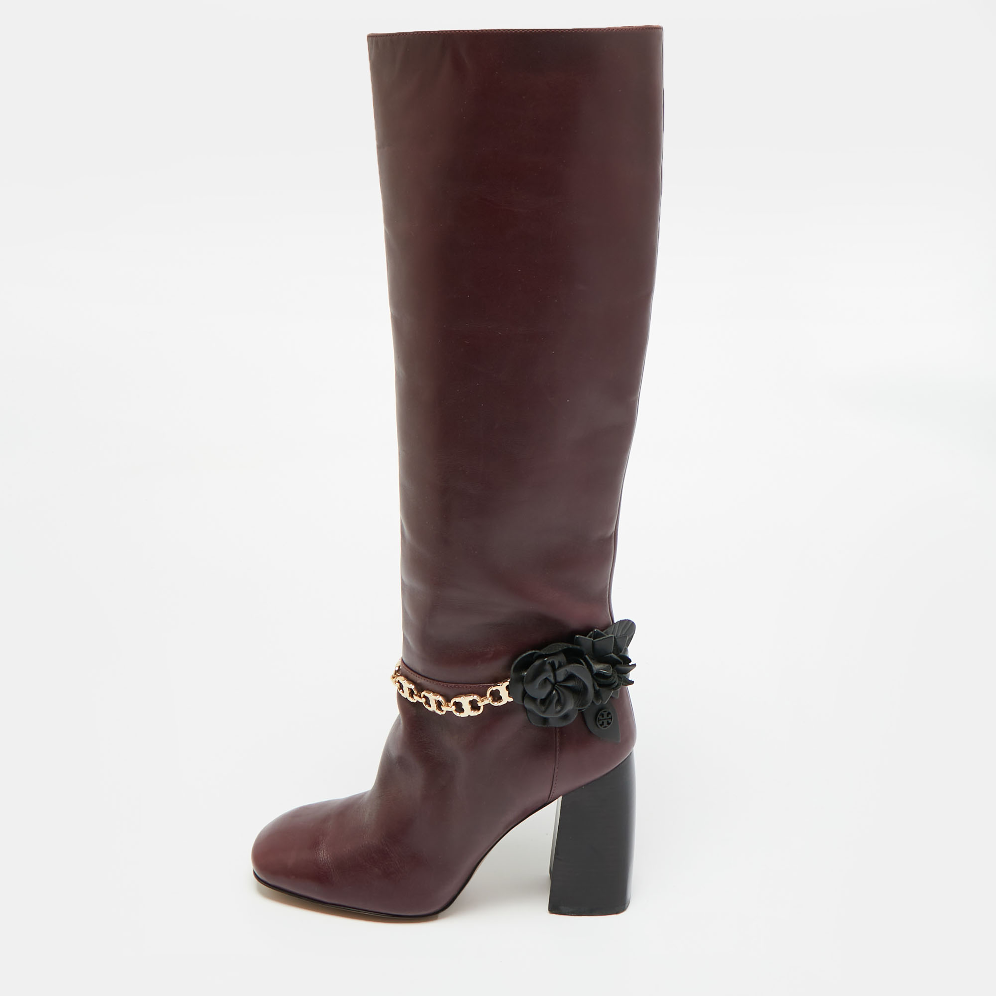 

Tory Burch Sarava Size 37.5 Burgundy Leather Blossom Block Heel Chain Knee Length Boots