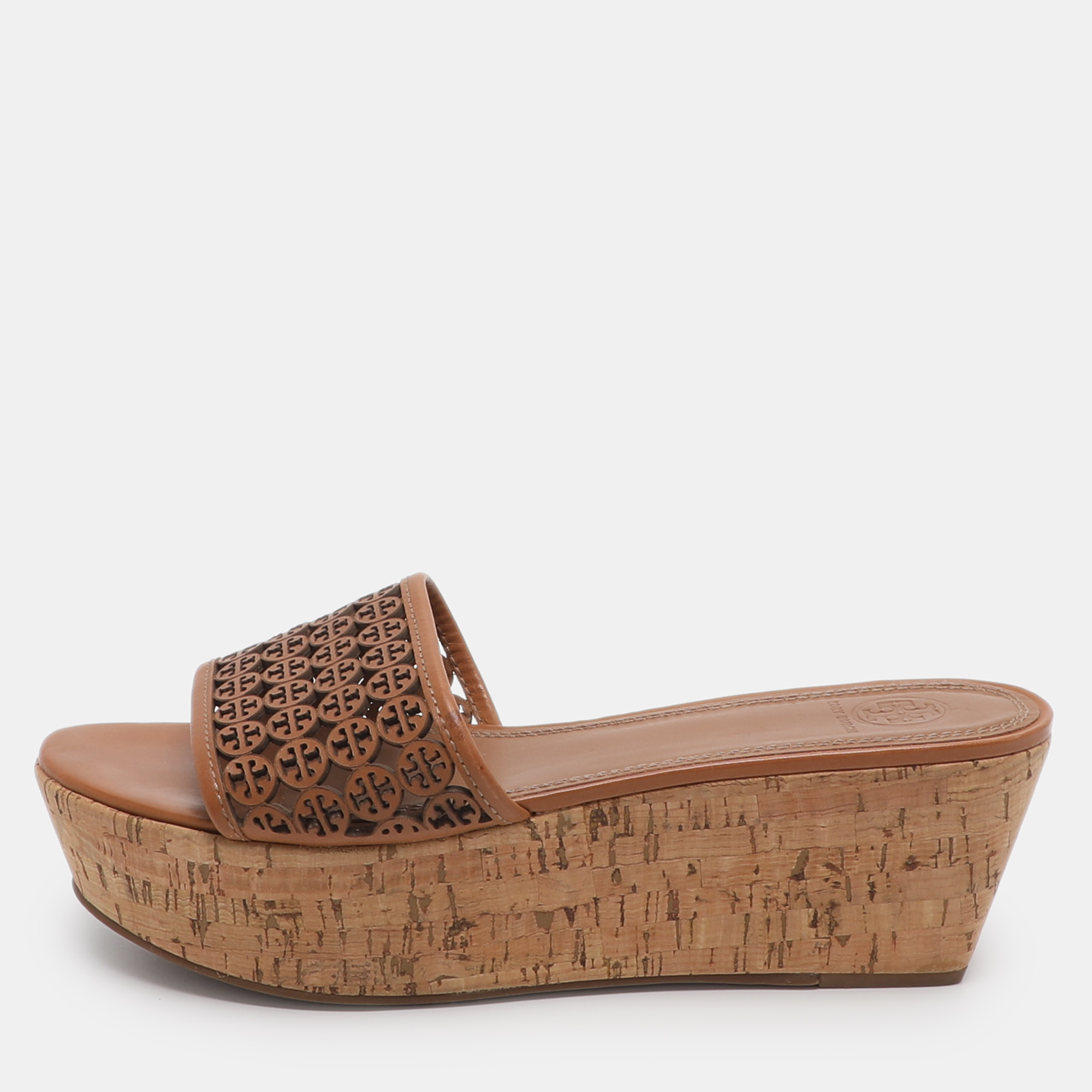 Pre-owned Tory Burch Elaine Size 40 Brown Laser Cut Leather Platform Slide Sandals