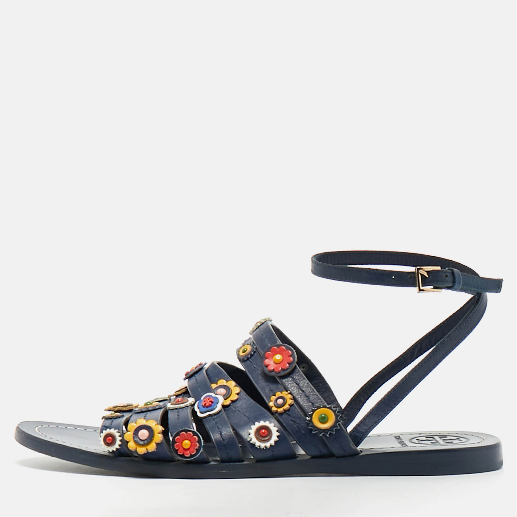 Pre-owned Tory Burch Size 37.5 Blue Leather Floral Appliquéd Ankle Wrap Flat Sandals