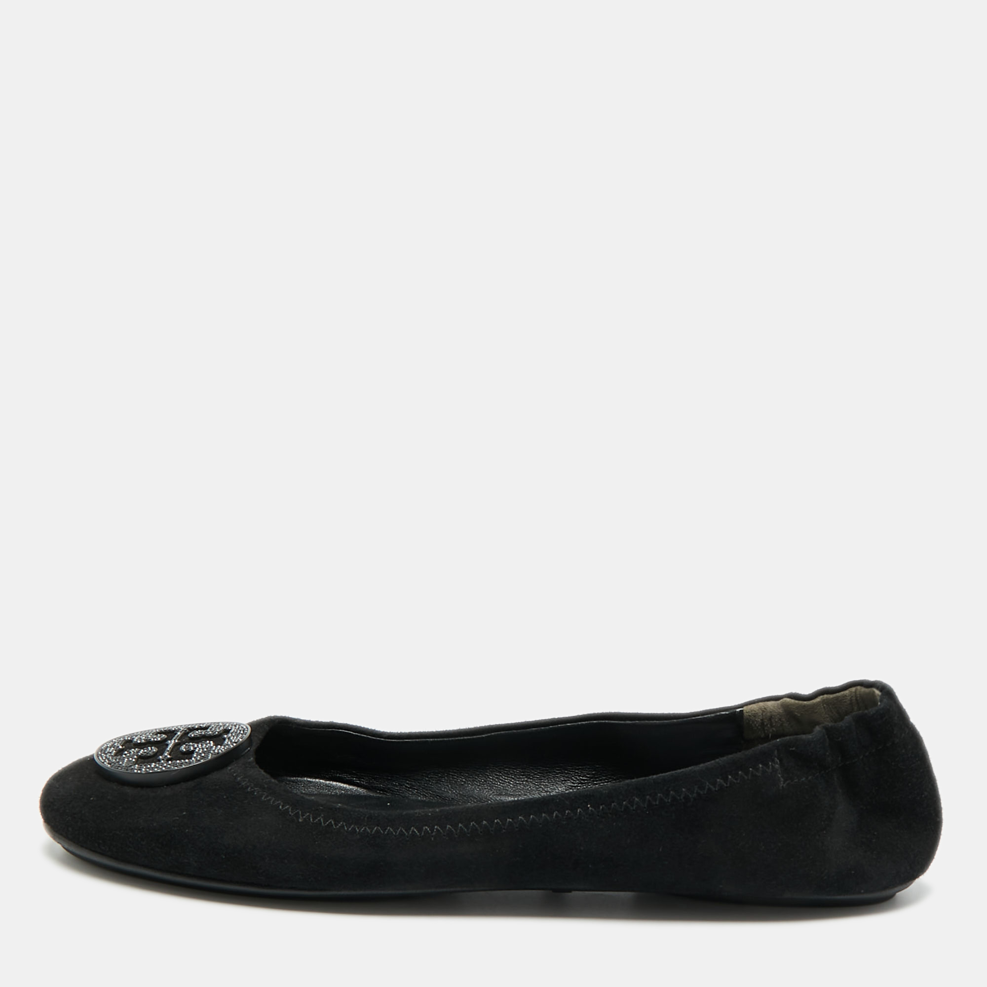 Pre-owned Tory Burch Minnie Travel Size 38 Black Suede Ballet Flats
