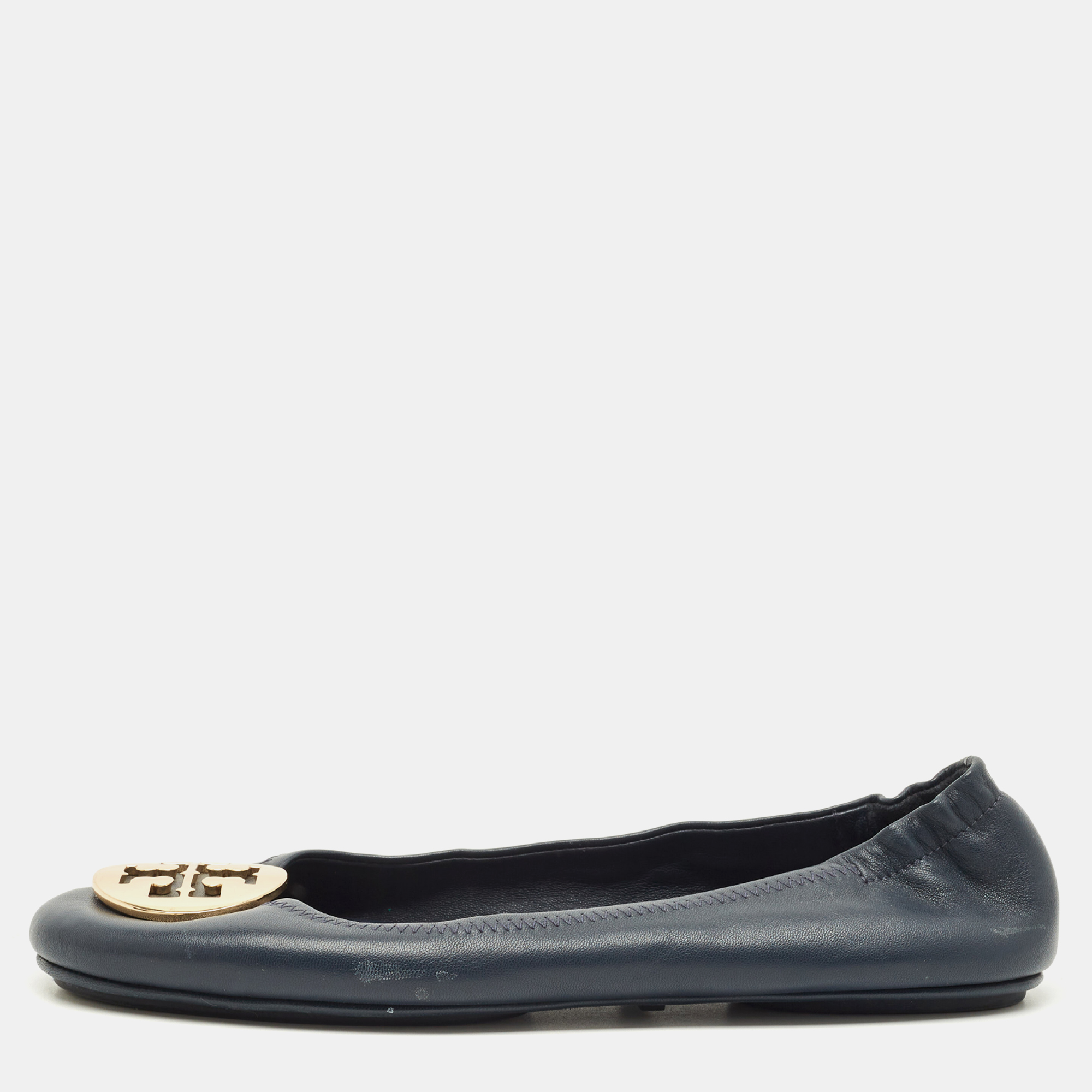 Pre-owned Tory Burch Minnie Size 38.5 Navy Blue Leather Ballet Flats