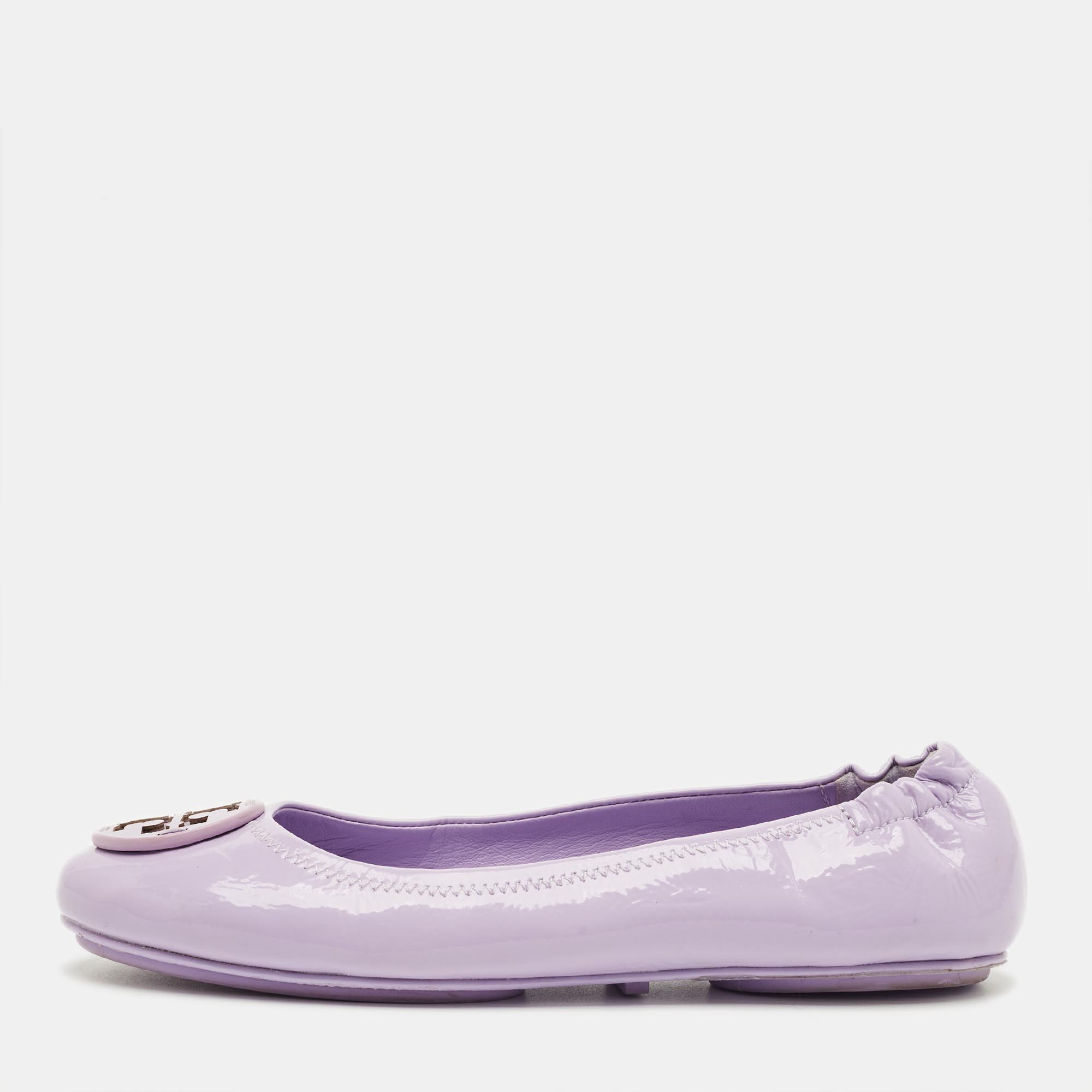Pre-owned Tory Burch Minnie Size 37 Purple Patent Leather Scrunch Ballet Flats