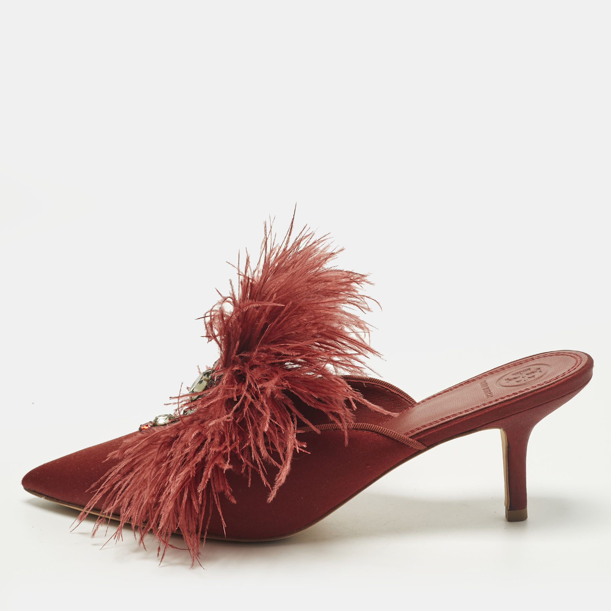 

Tory Burch Size 39.5 Burgundy Satin Elodie Feather Crystal Embellished Mules